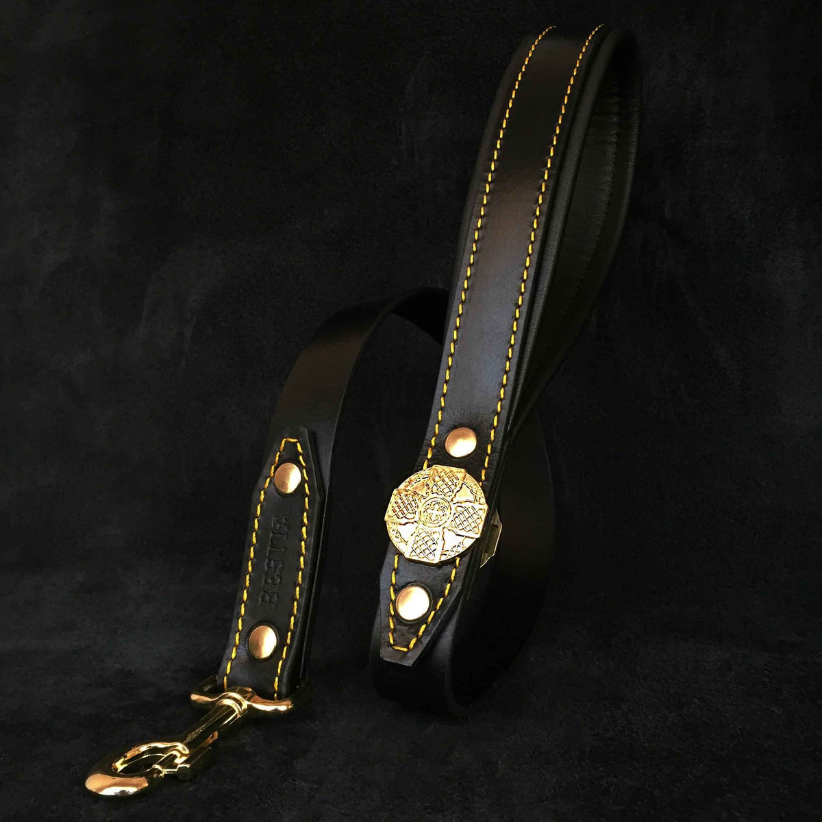 Bestia Maximus Black & Gold Leather Dog Harness