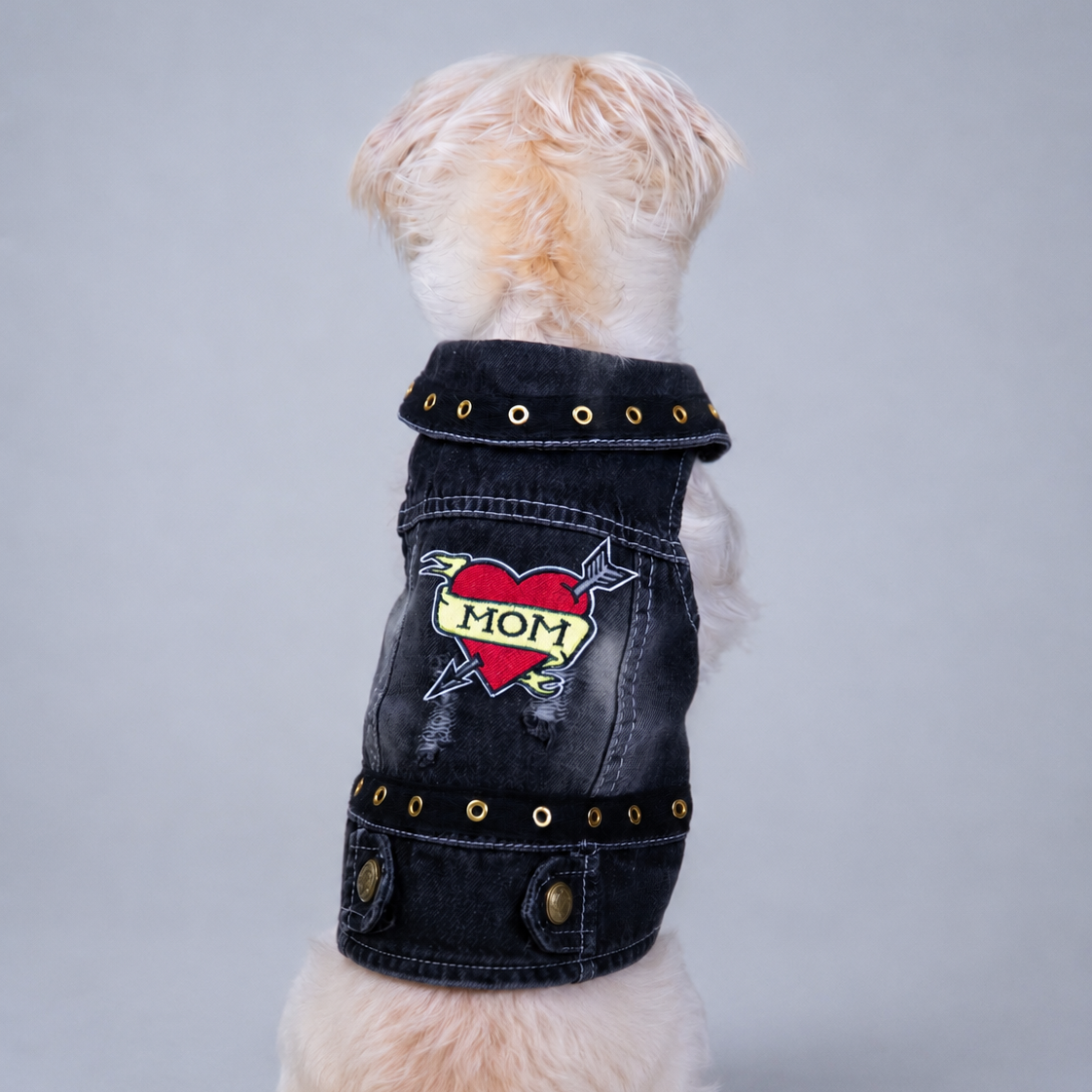 Heads or Tails Pup Love Mom Love Dad Denim Dog Vest