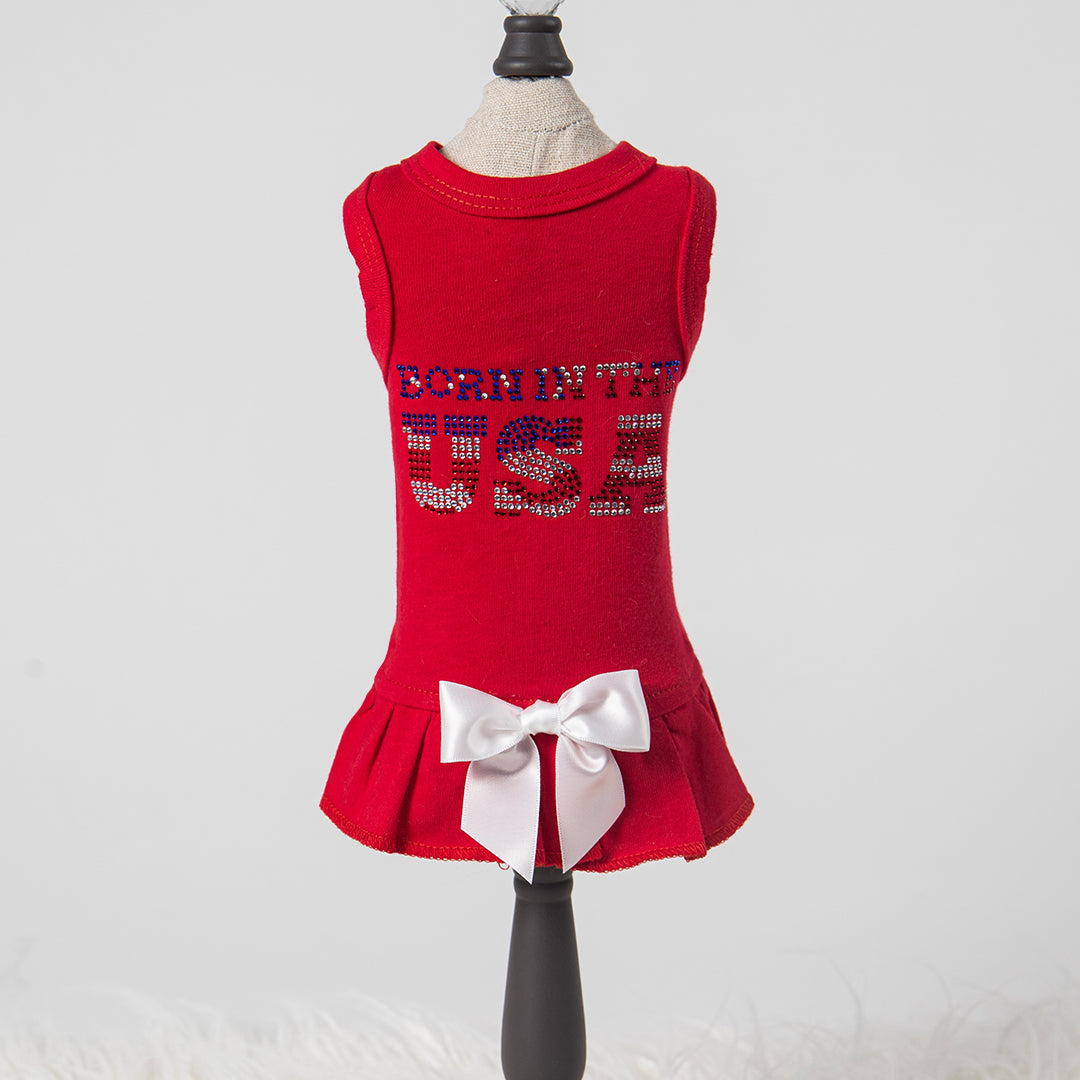 Hello Doggie Born in the USA Cotton Crystal Red Dog Dress
