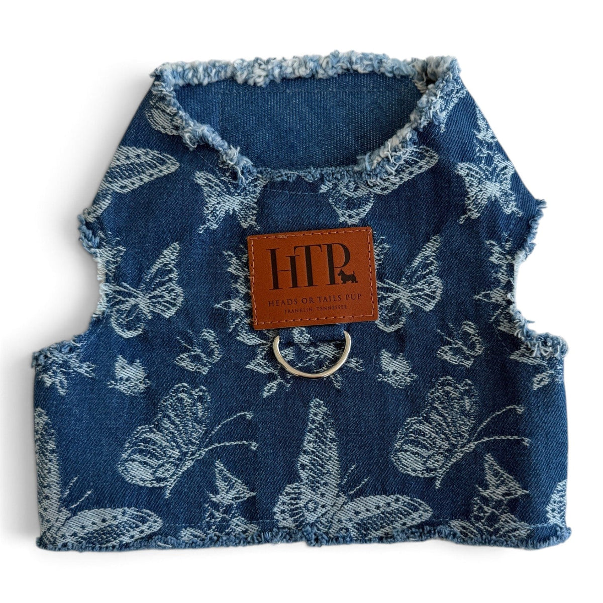 Heads or Tails Pup Butterfly Print Denim Dog Harness