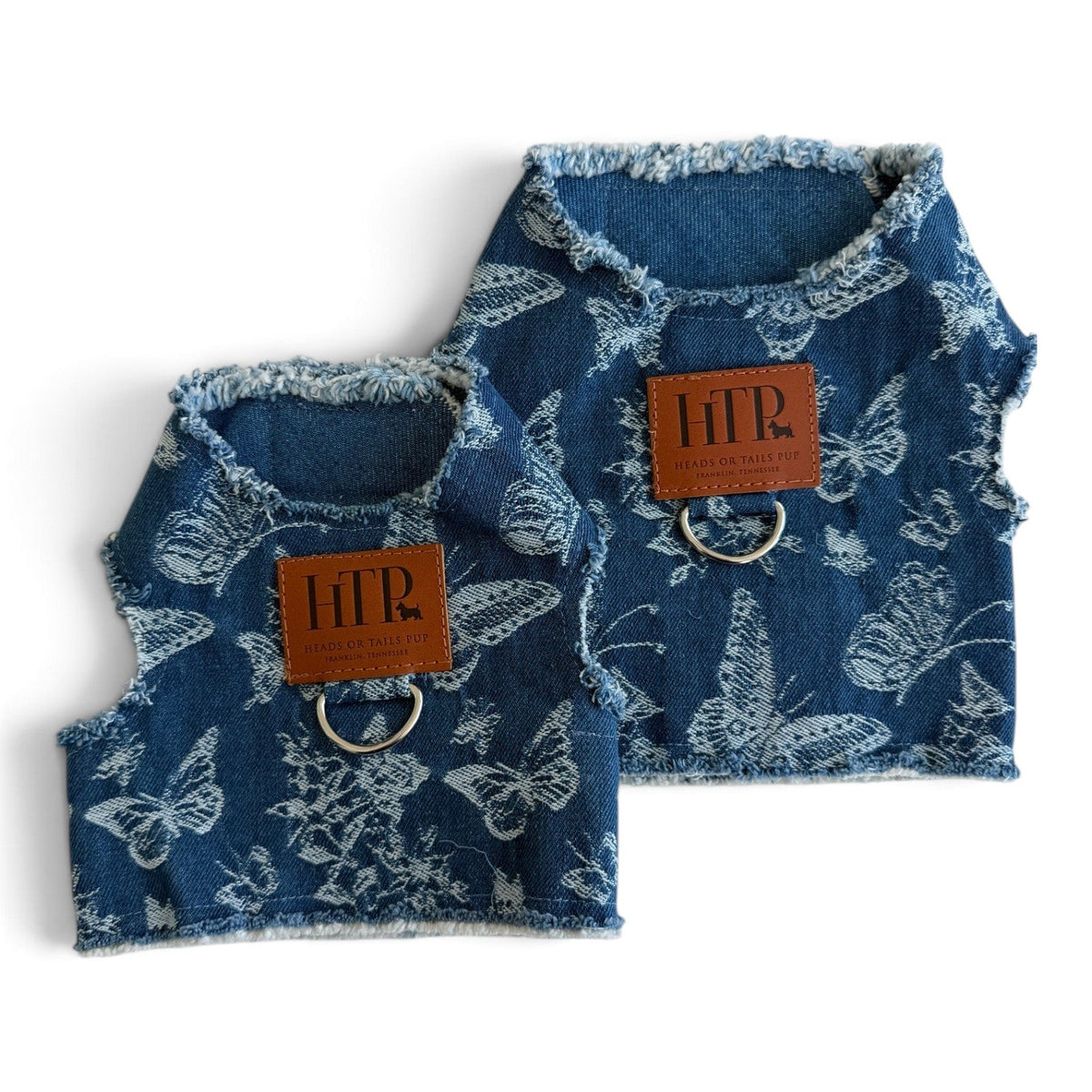 Heads or Tails Pup Butterfly Print Denim Dog Harness