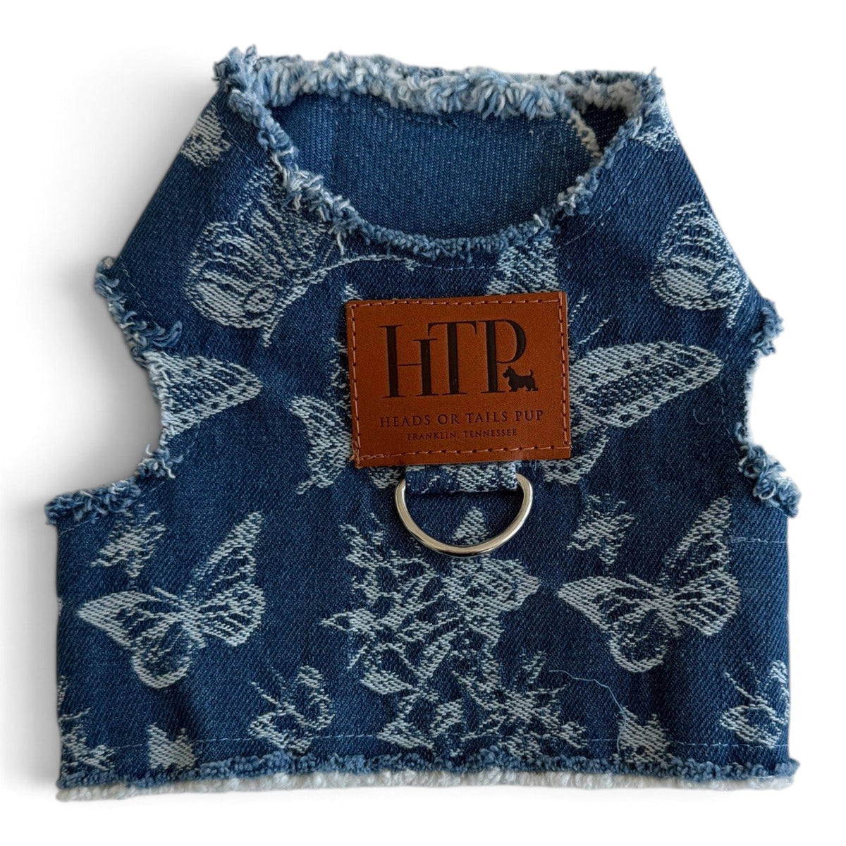 Heads or Tails Pup Butterfly Print Denim Dog Harness