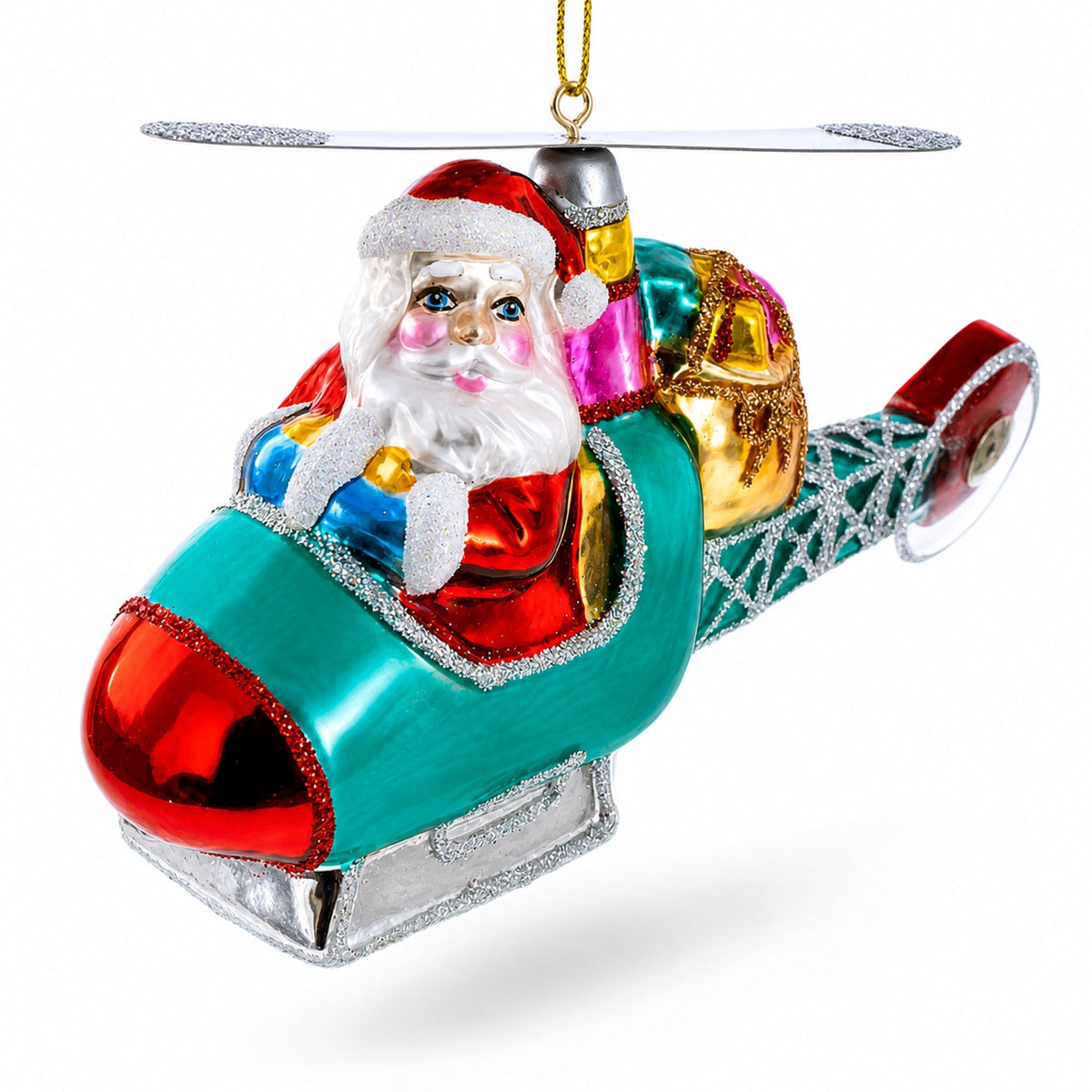 Santa Claus Pilot in Helicopter - Festive Blown Glass Christmas Ornament