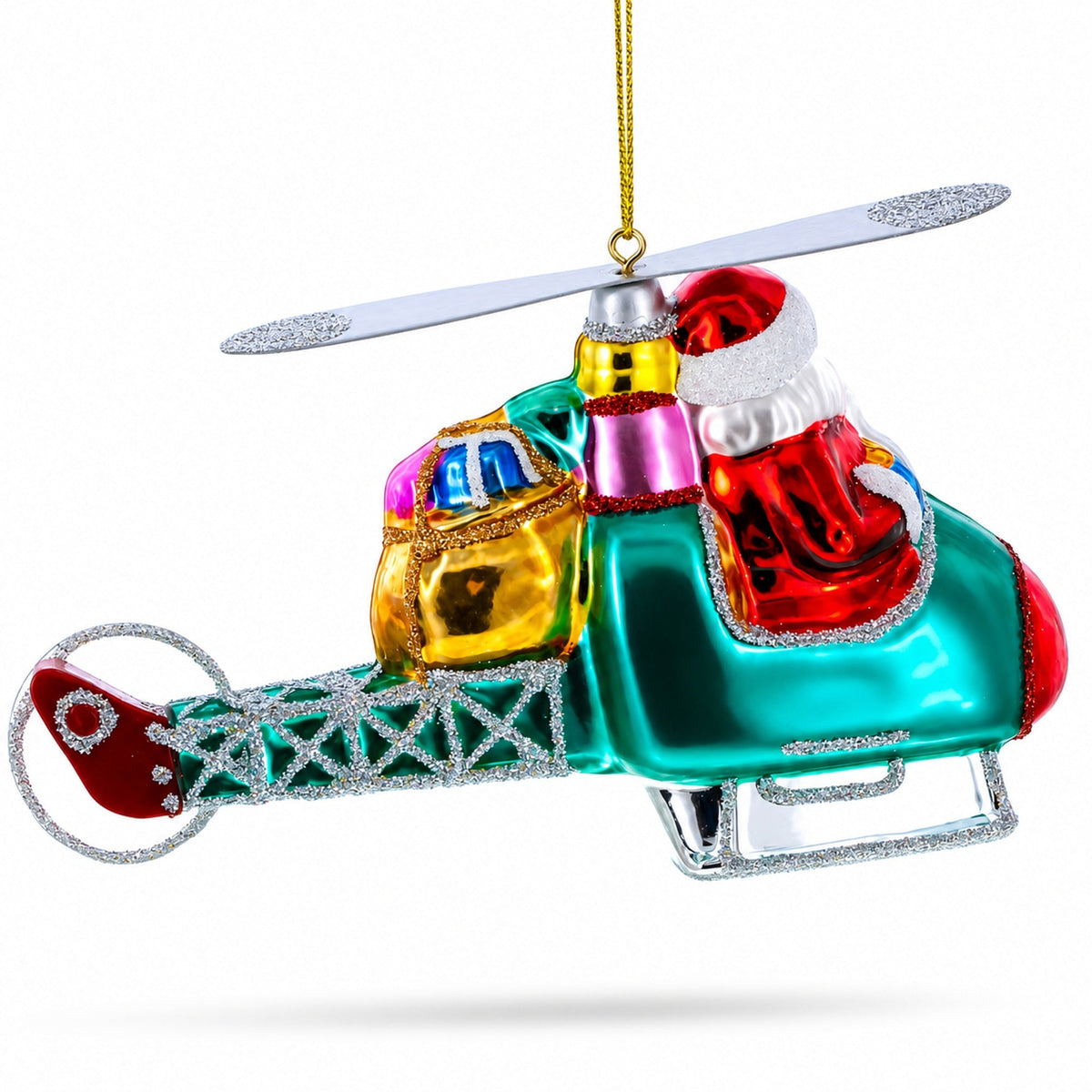 Santa Claus Pilot in Helicopter - Festive Blown Glass Christmas Ornament