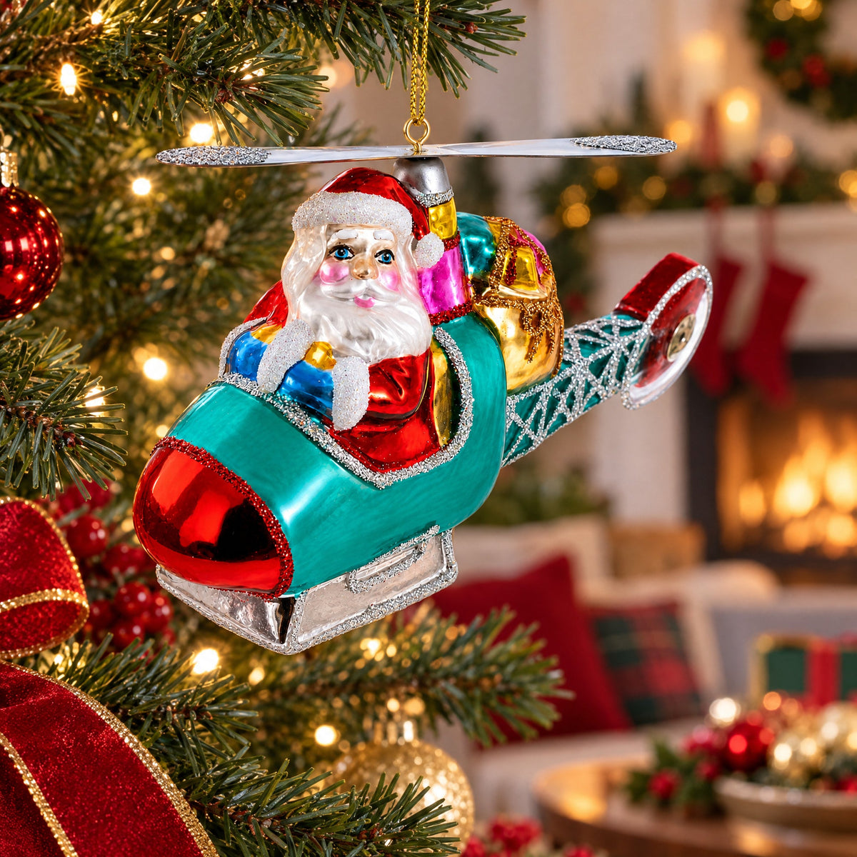 Santa Claus Pilot in Helicopter - Festive Blown Glass Christmas Ornament