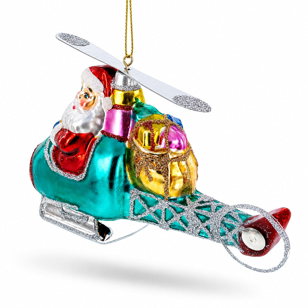 Santa Claus Pilot in Helicopter - Festive Blown Glass Christmas Ornament