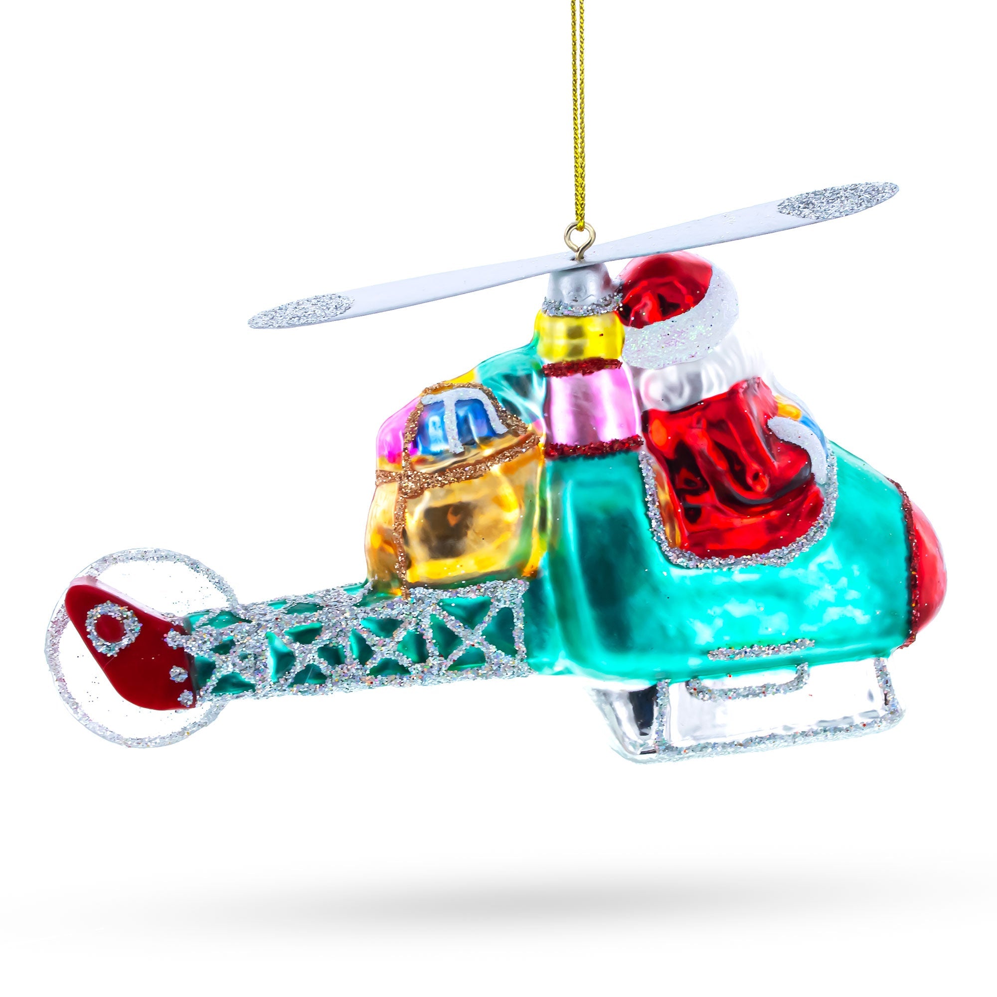 Santa Claus Pilot in Helicopter - Festive Blown Glass Christmas Ornament - HT Animal Supply