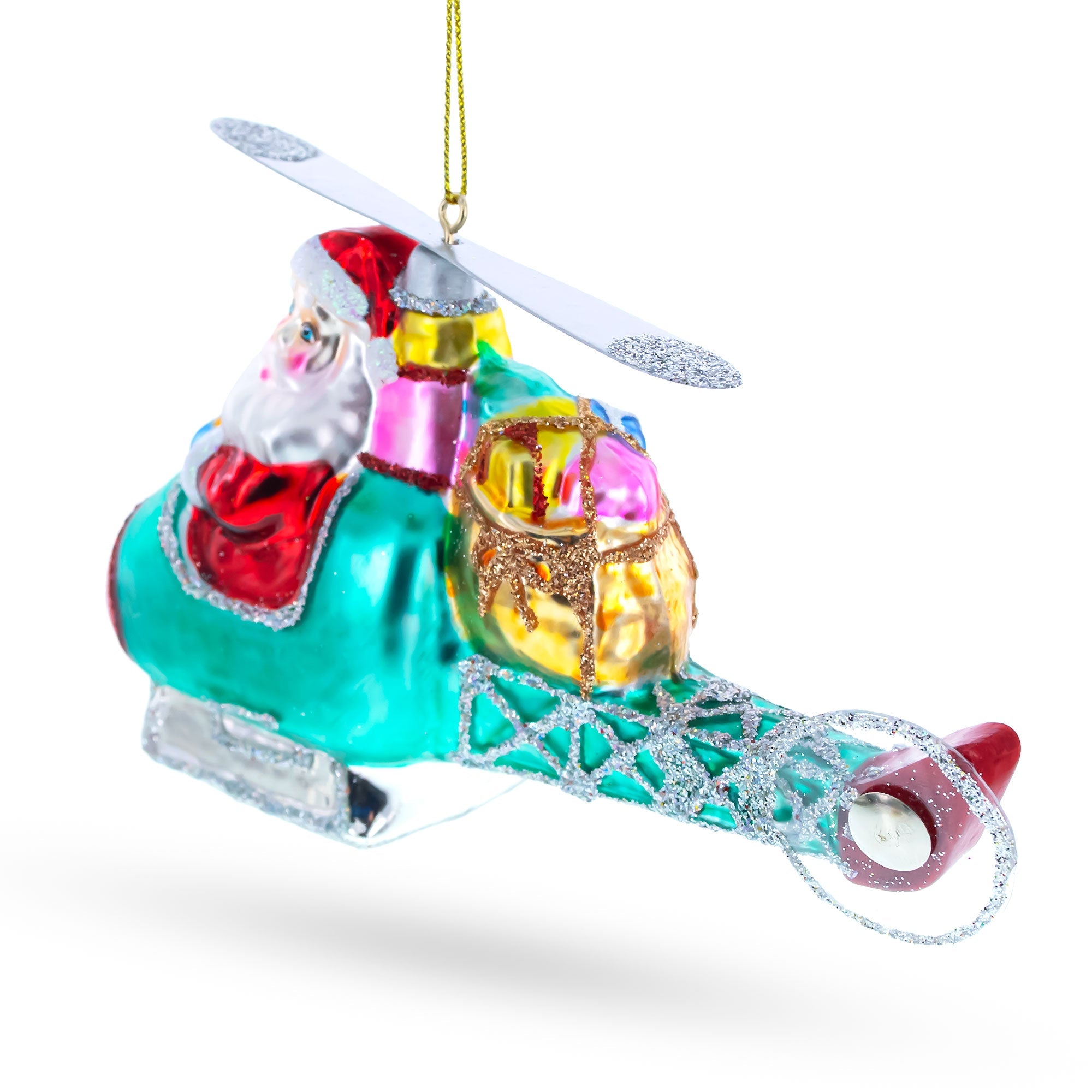 Santa Claus Pilot in Helicopter - Festive Blown Glass Christmas Ornament - HT Animal Supply