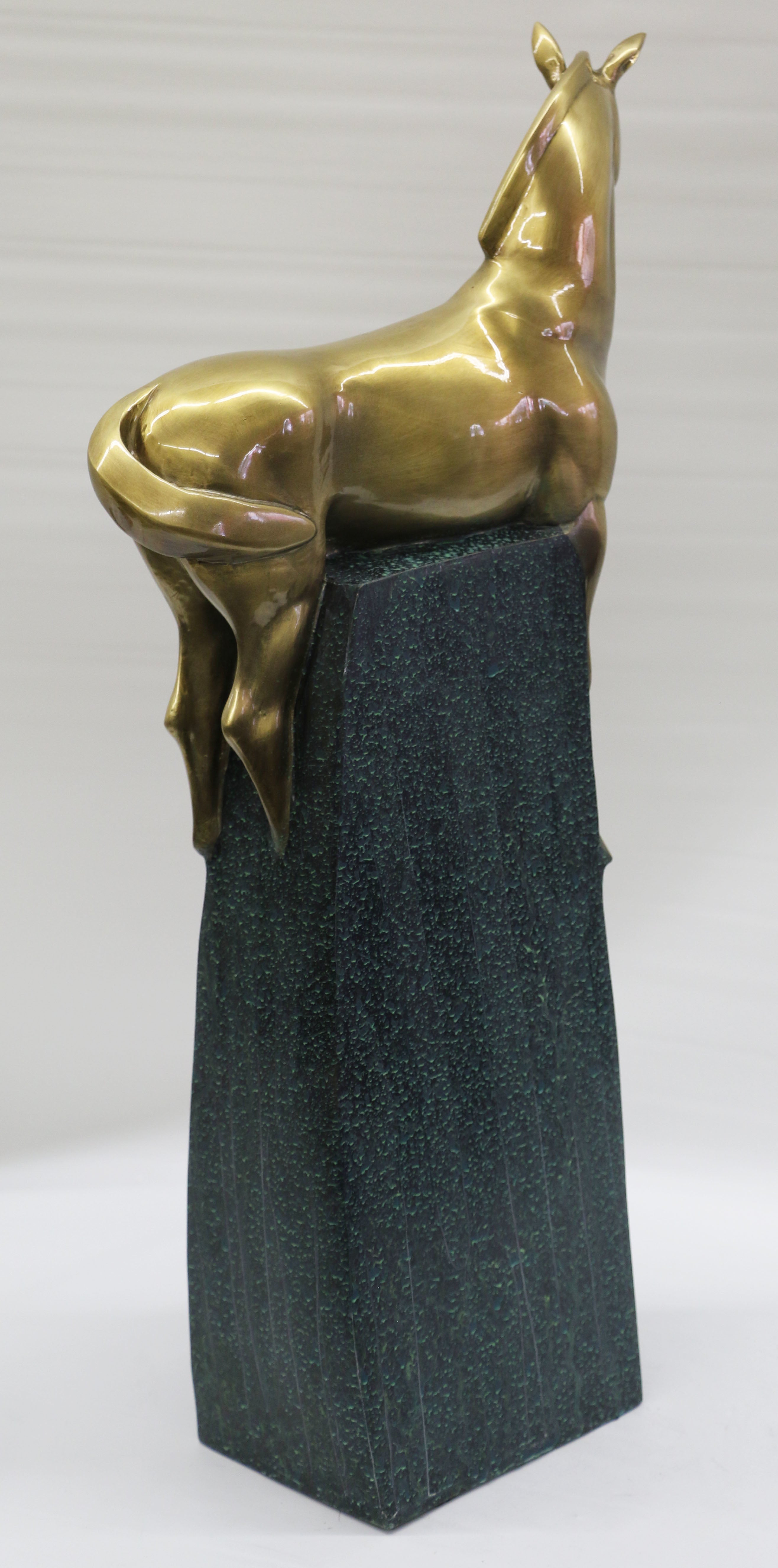 Large Extra Large Green and Gold Patina Stallion Horse Bronze Sculpture Figurine