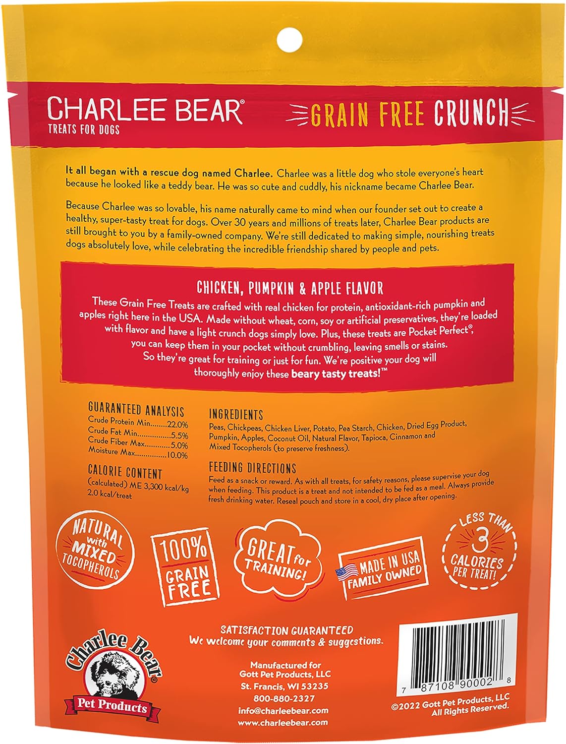 Charlee Bear Grain Free Crunch Chicken, Pumpkin & Apple Dog Treats (8oz) - HT Animal Supply