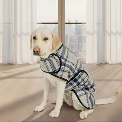 Chilly Dog Gray & Blue Plaid Fleece-Lined Wool Dog Blanket Coat