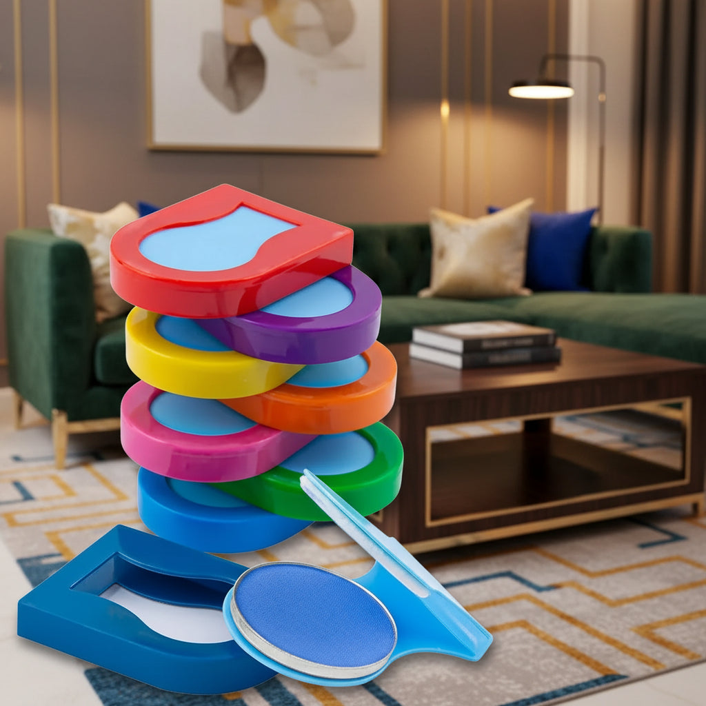 Colorful stack of plastic rings with a sale sign indicating a price reduction.