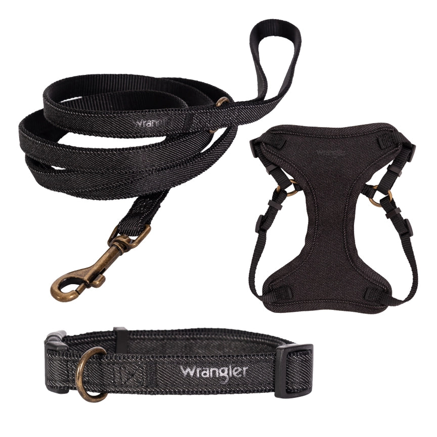 Wrangler® Black Denim Harness, Collar & Lead Set