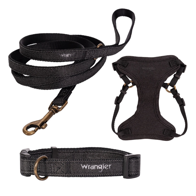 Wrangler® Black Denim Harness, Collar & Lead Set