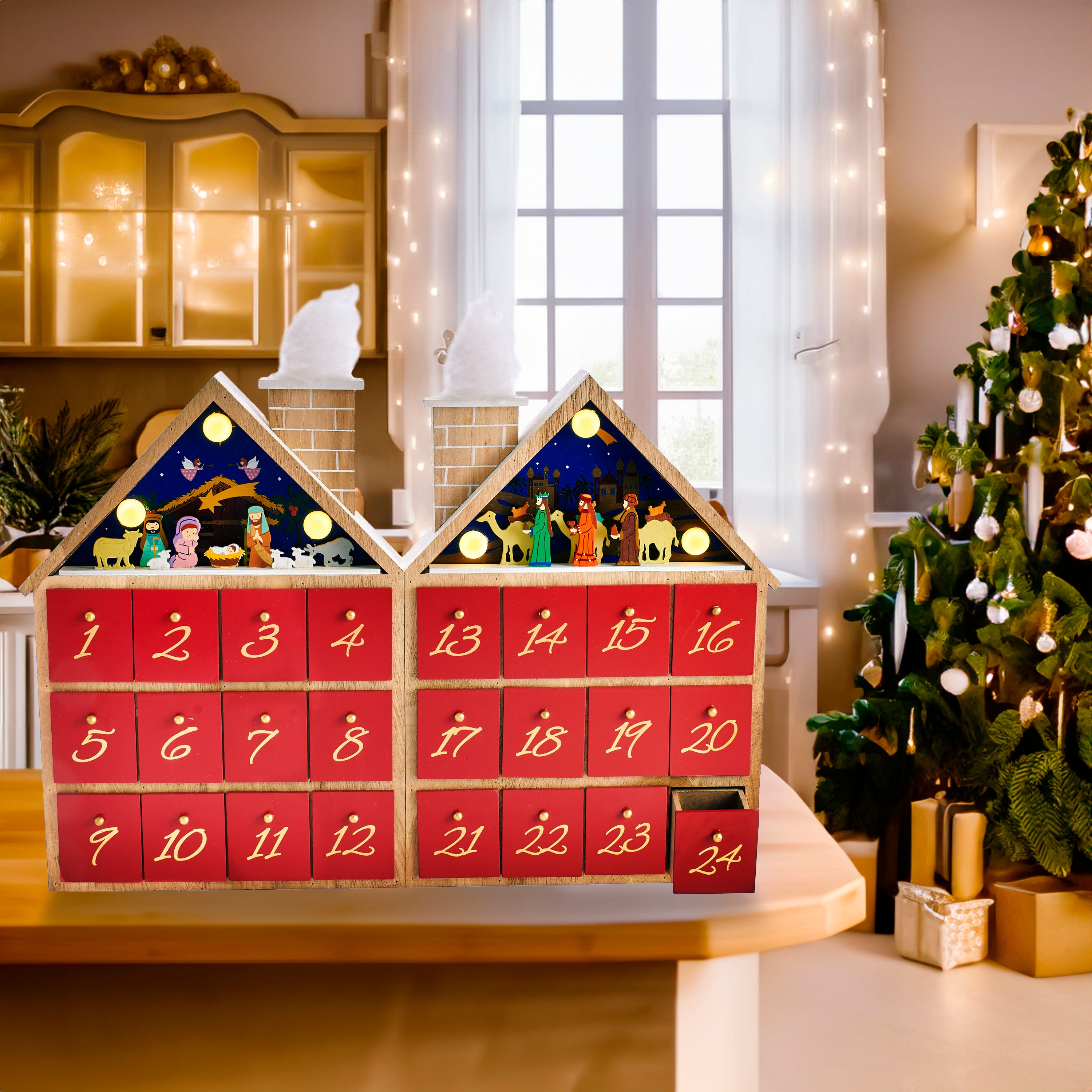 Kurt Adler 11.81-Inch Battery-Operated Wooden LED Nativity Advent Calendar