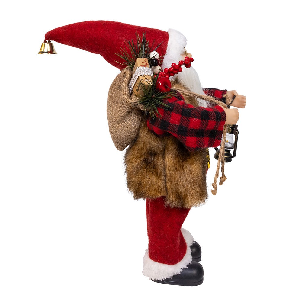 Kurt Adler 12-Inch Standing Christmas Santa with Plaid Shirt, Sack and Lantern
