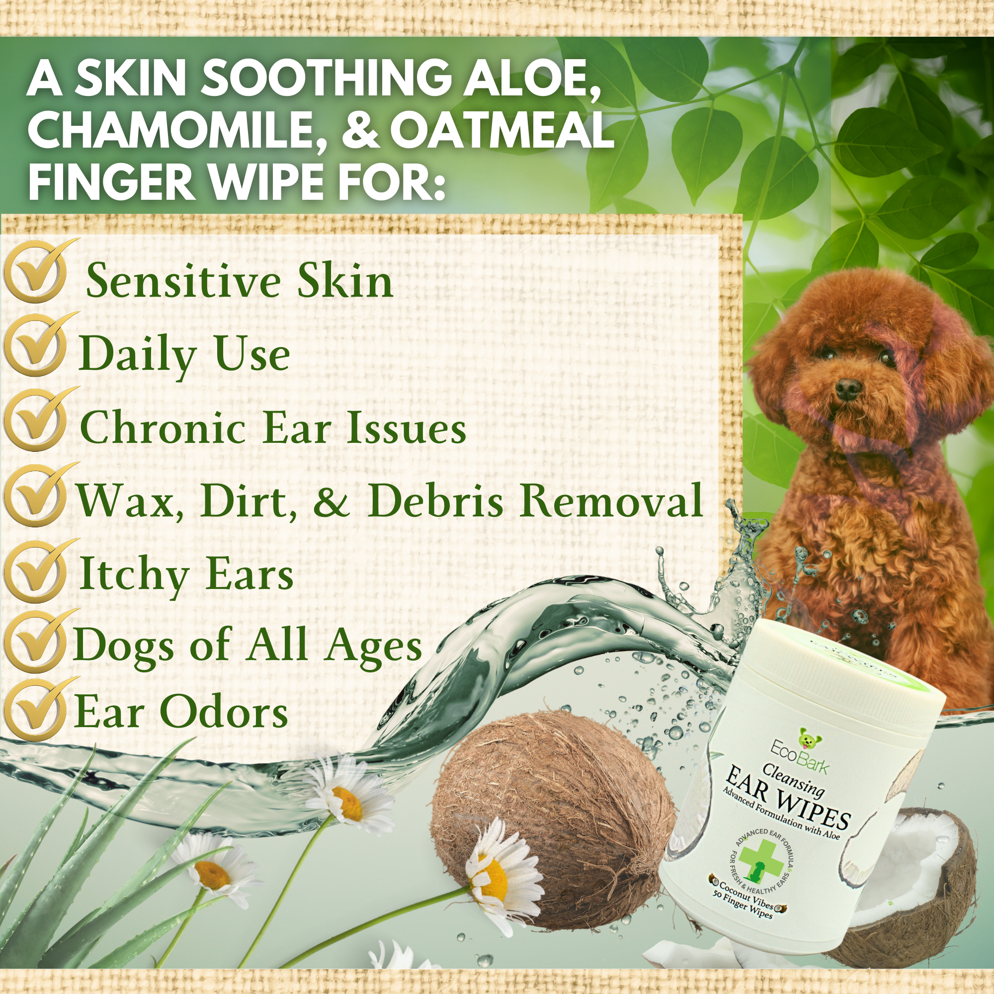 Natural Dog Ear Finger Wipes | EcoBark Coconut Cleansing Ear Wipes for dogs (50 Count)