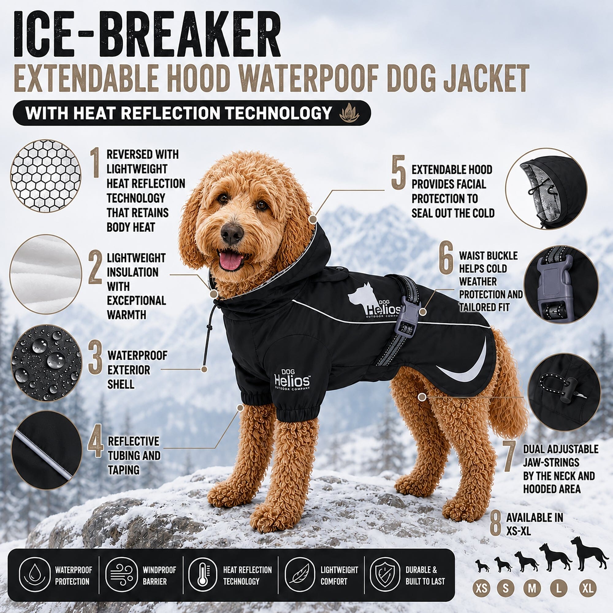 Dog Helios Ice-Breaker Extendable Hooded Dog Coat w/ Heat Reflective Technology | HT Animal Supply