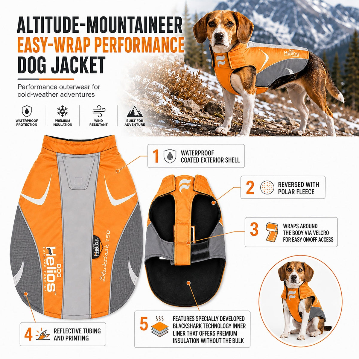 Dog Helios Altitude-Mountaineer Wrap-Hook-and-Loop Waterproof Dog Coat | HT Animal Supply