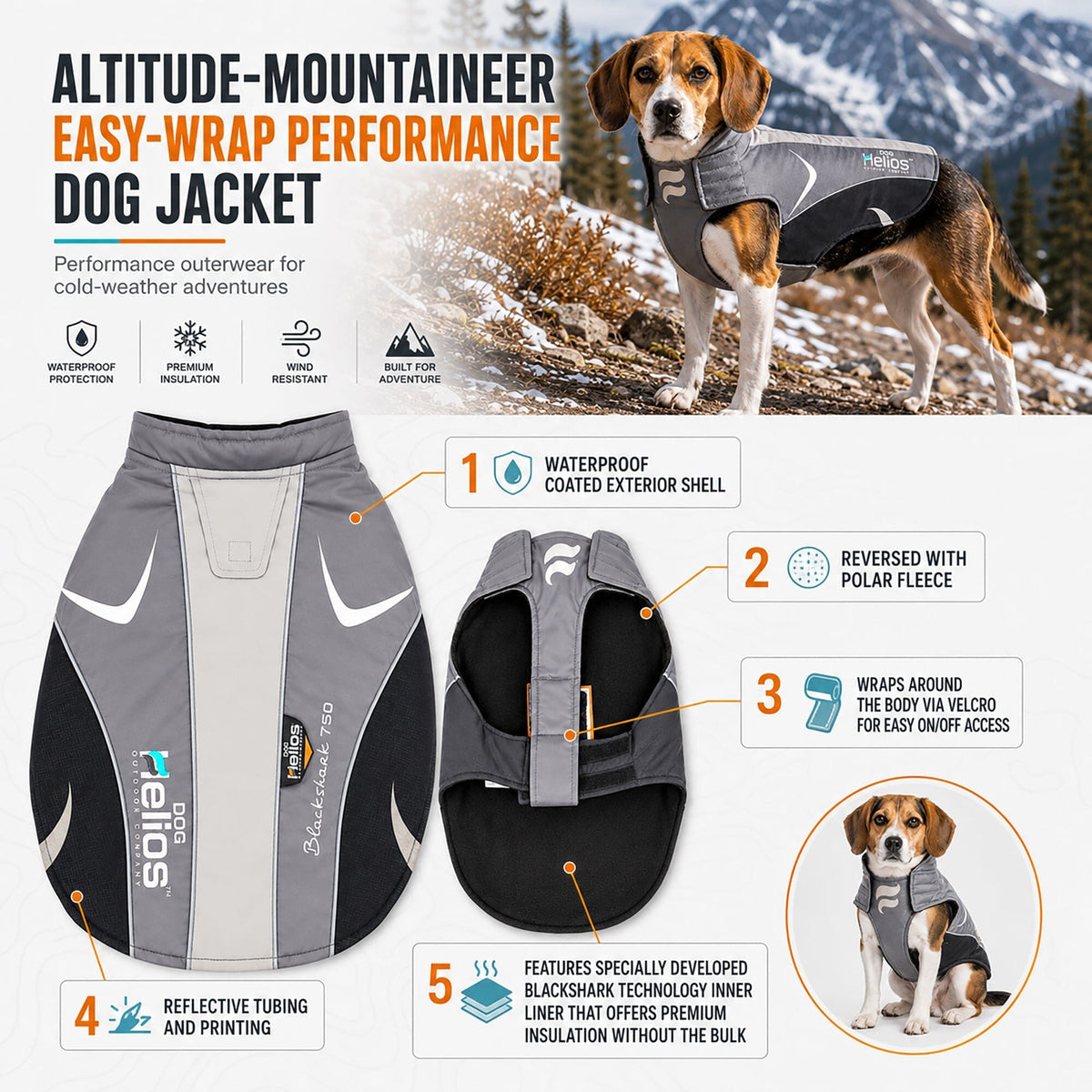 Dog Helios Altitude-Mountaineer Wrap-Hook-and-Loop Waterproof Dog Coat | HT Animal Supply