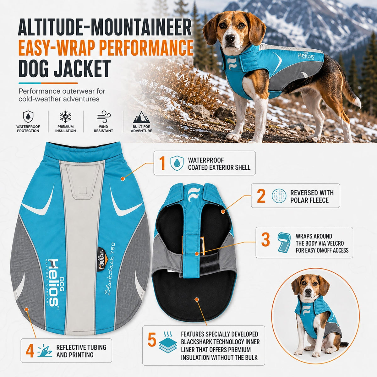 Dog Helios Altitude-Mountaineer Wrap-Hook-and-Loop Waterproof Dog Coat | HT Animal Supply