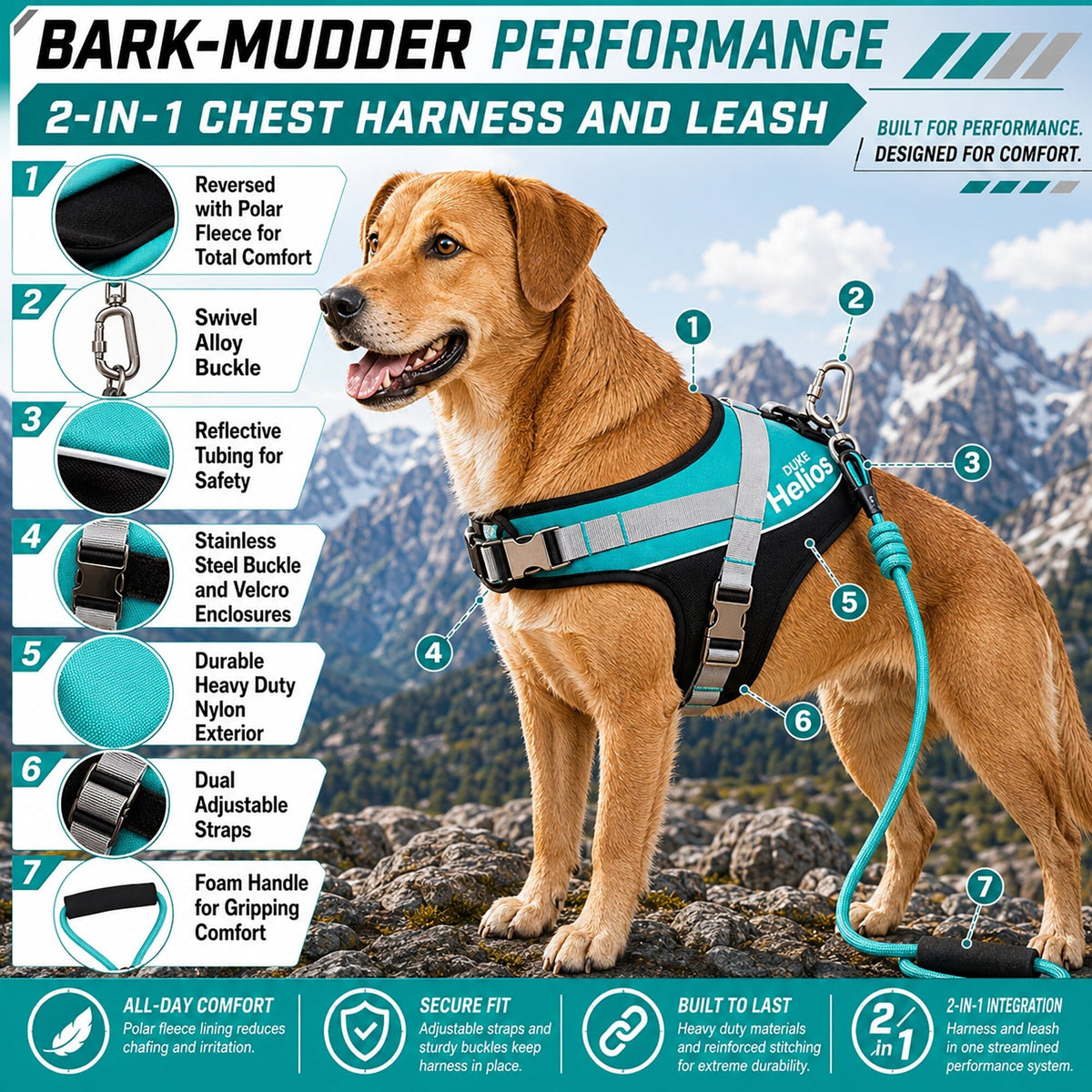 Dog Helios Bark-Mudder 2-in-1 Reflective and Adjustable Sporty Dog Harness and Leash | HT Animal Supply