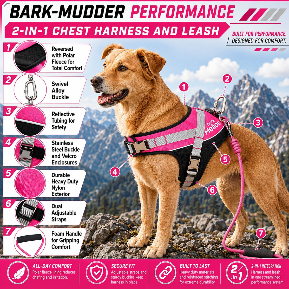 Dog Helios Bark-Mudder 2-in-1 Reflective and Adjustable Sporty Dog Harness and Leash | HT Animal Supply