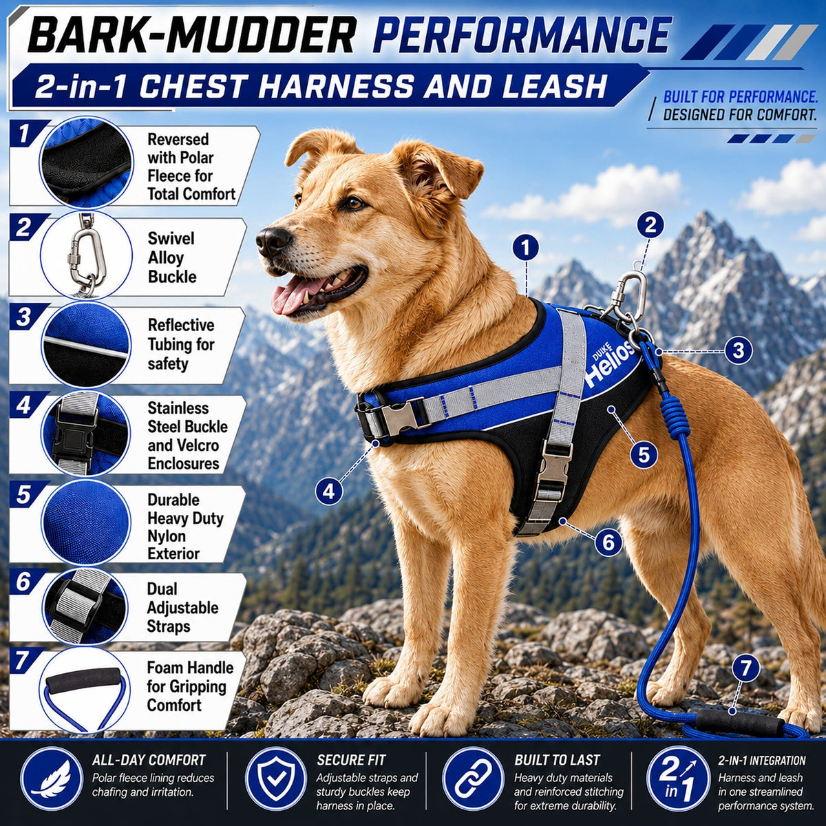 Dog Helios Bark-Mudder 2-in-1 Reflective and Adjustable Sporty Dog Harness and Leash | HT Animal Supply