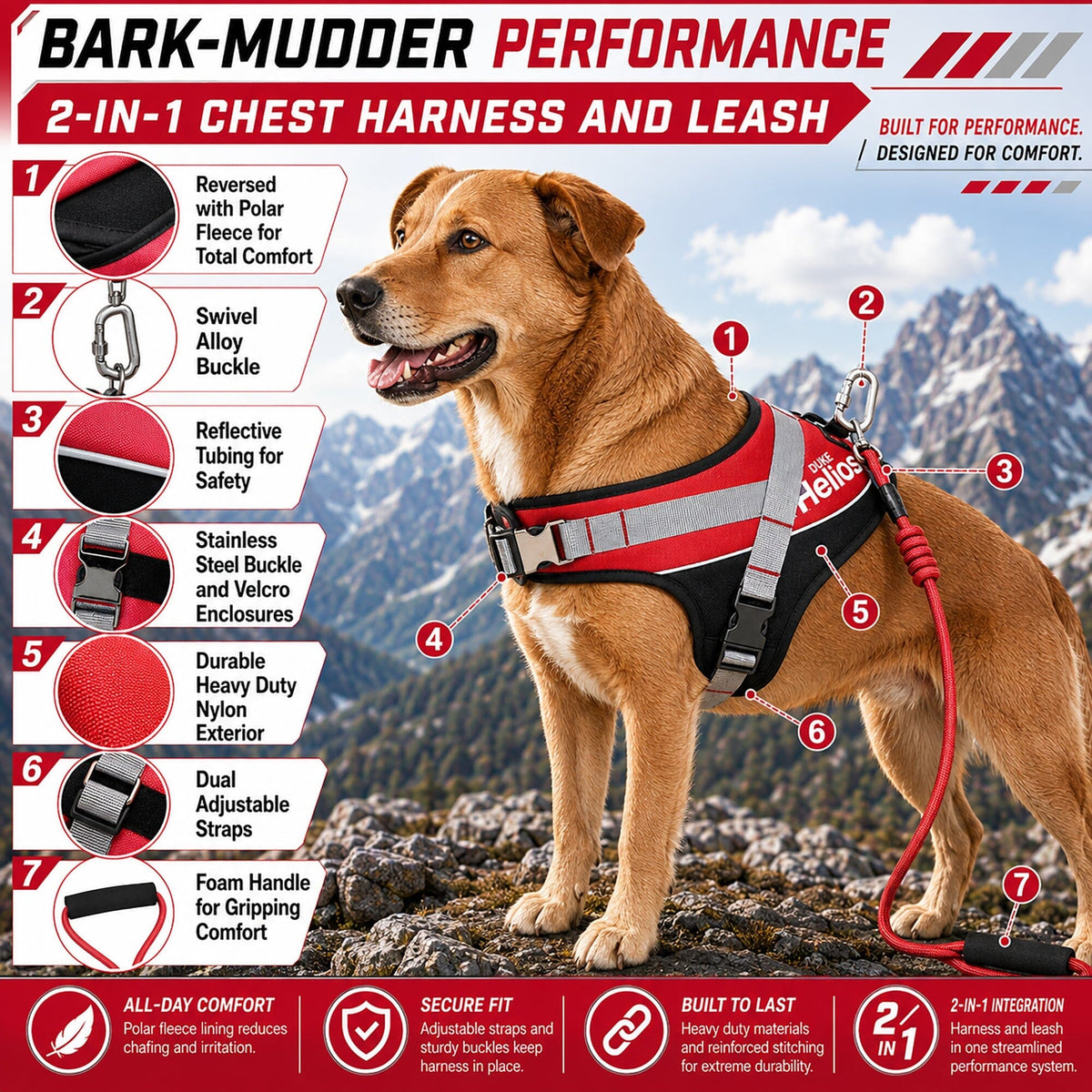 Dog Helios Bark-Mudder 2-in-1 Reflective and Adjustable Sporty Dog Harness and Leash | HT Animal Supply