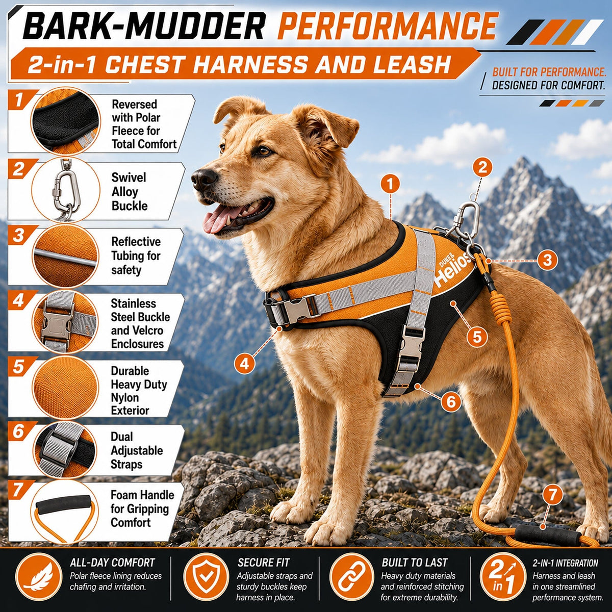 Dog Helios Bark-Mudder 2-in-1 Reflective and Adjustable Sporty Dog Harness and Leash | HT Animal Supply