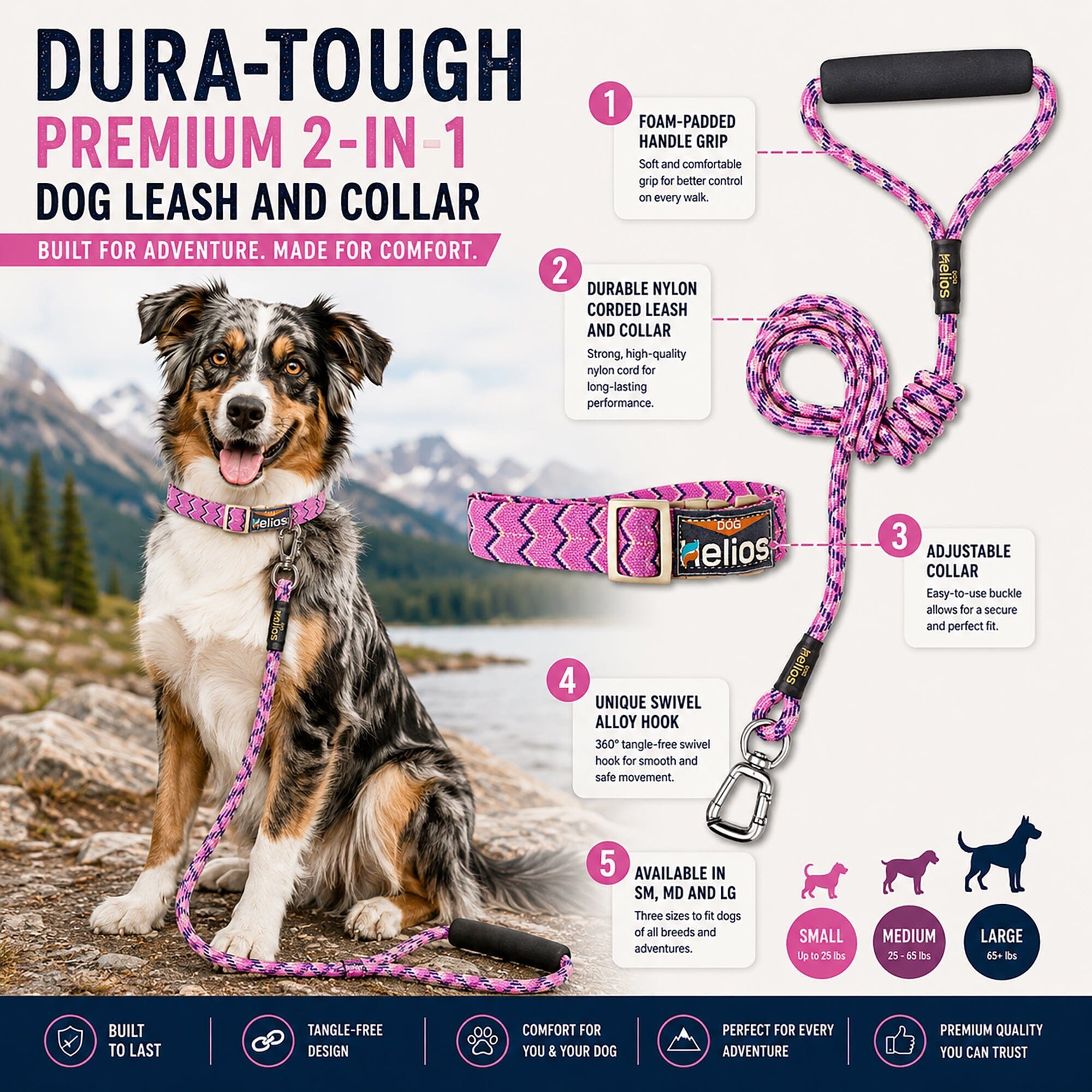 Dog Helios Dura-Tough 2-in-1 Reflective Adjustable Fashion Dog Leash and Collar | HT Animal Supply