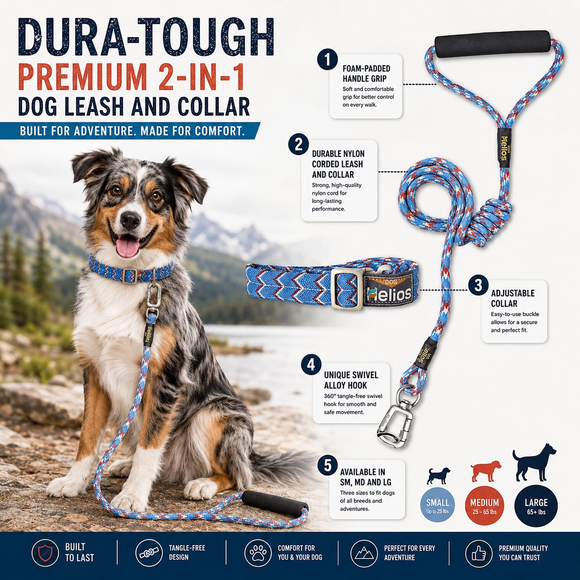 Dog Helios Dura-Tough 2-in-1 Reflective Adjustable Fashion Dog Leash and Collar | HT Animal Supply