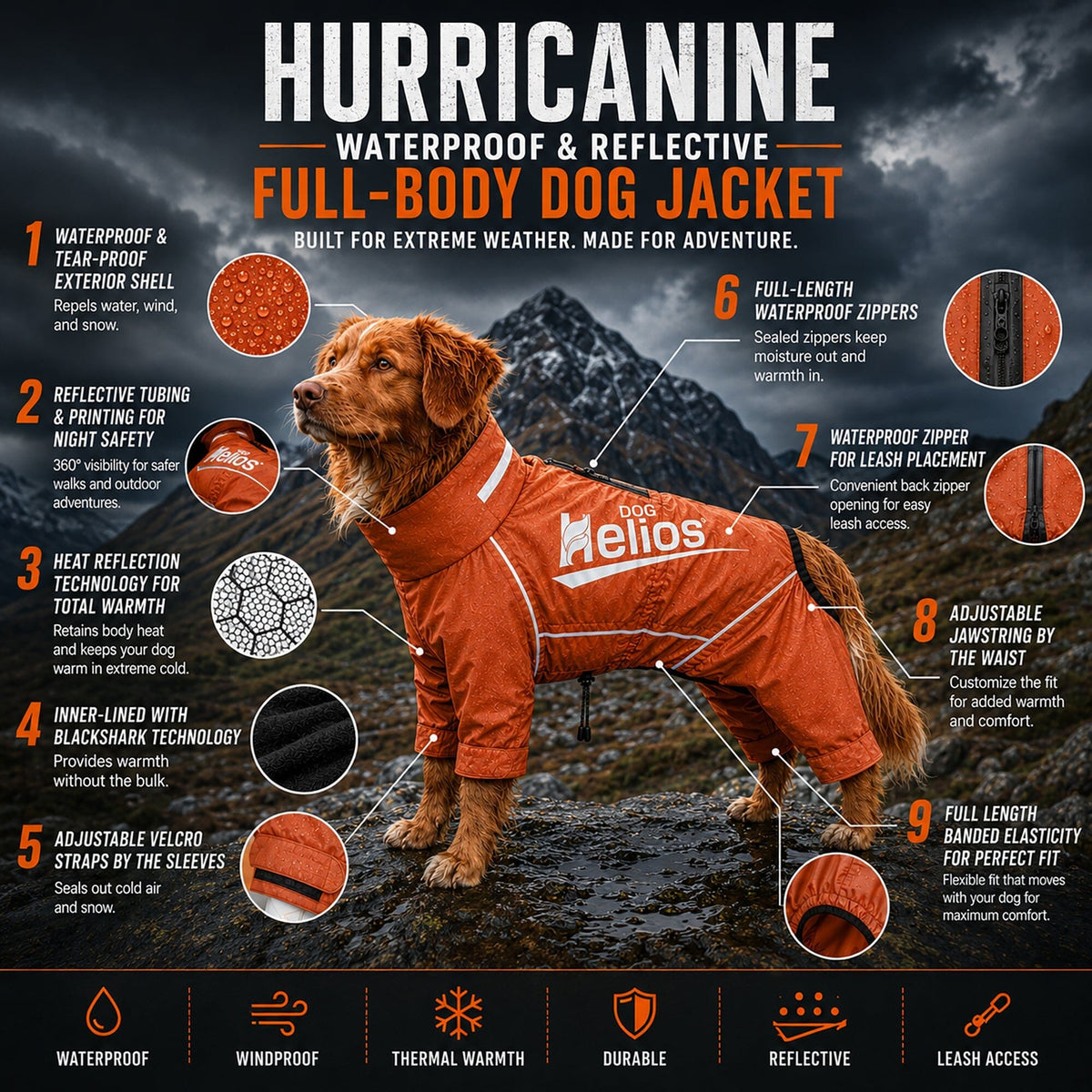 Dog Helios Hurricanine Waterproof and Reflective Full Body Dog Coat | HT Animal Supply