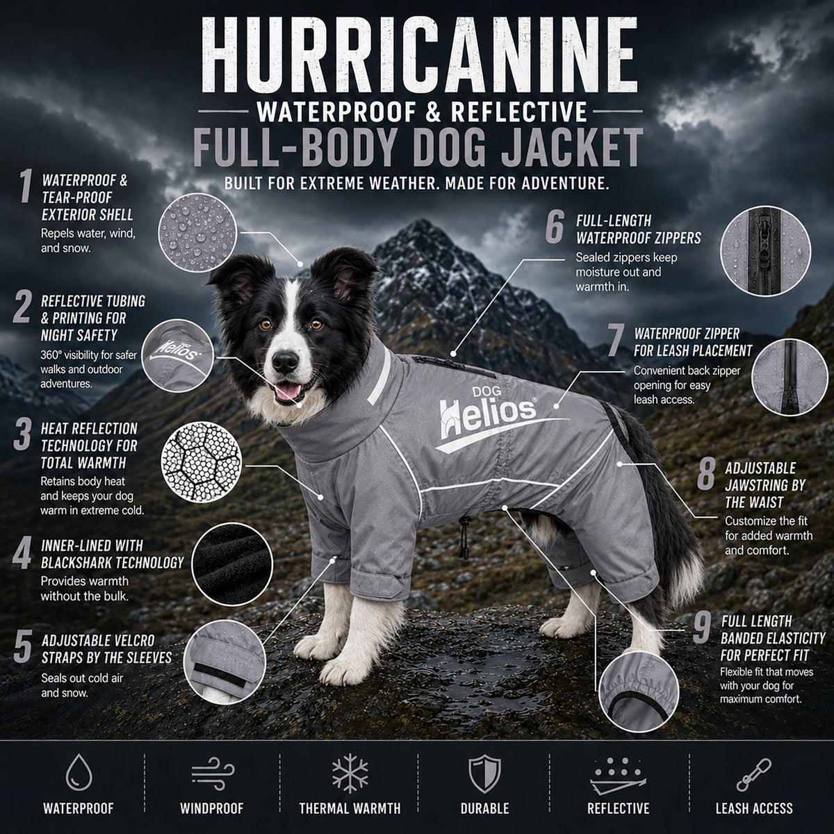 Dog Helios Hurricanine Waterproof and Reflective Full Body Dog Coat | HT Animal Supply