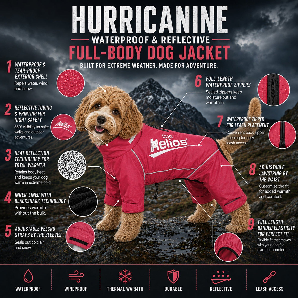 Dog Helios Hurricanine Waterproof and Reflective Full Body Dog Coat | HT Animal Supply