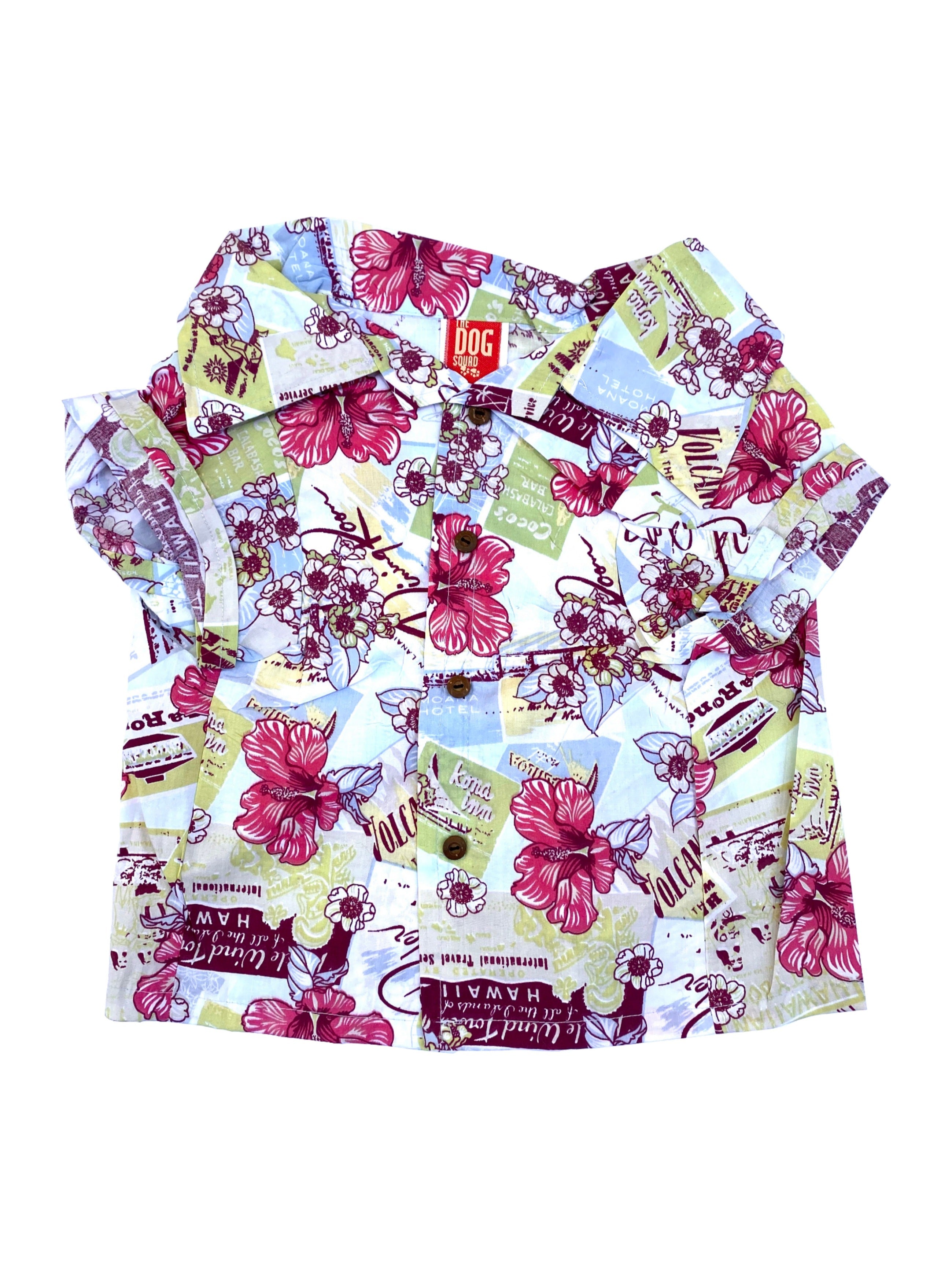 Camp shirt, Blue postcard; wish you were here shirt with wood buttons