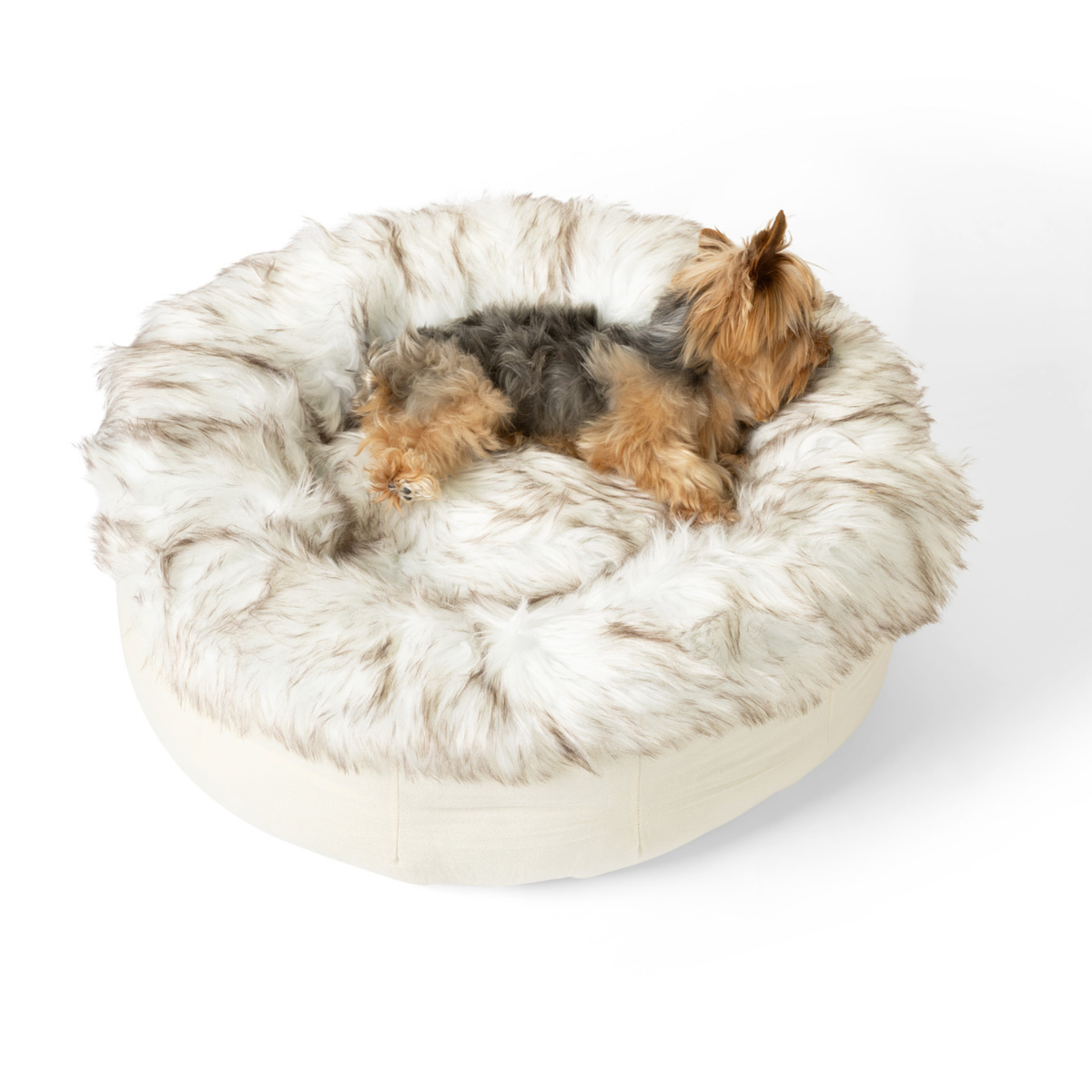 PupPoufFaux Fur Donut Dog Bed White with Brown Accents