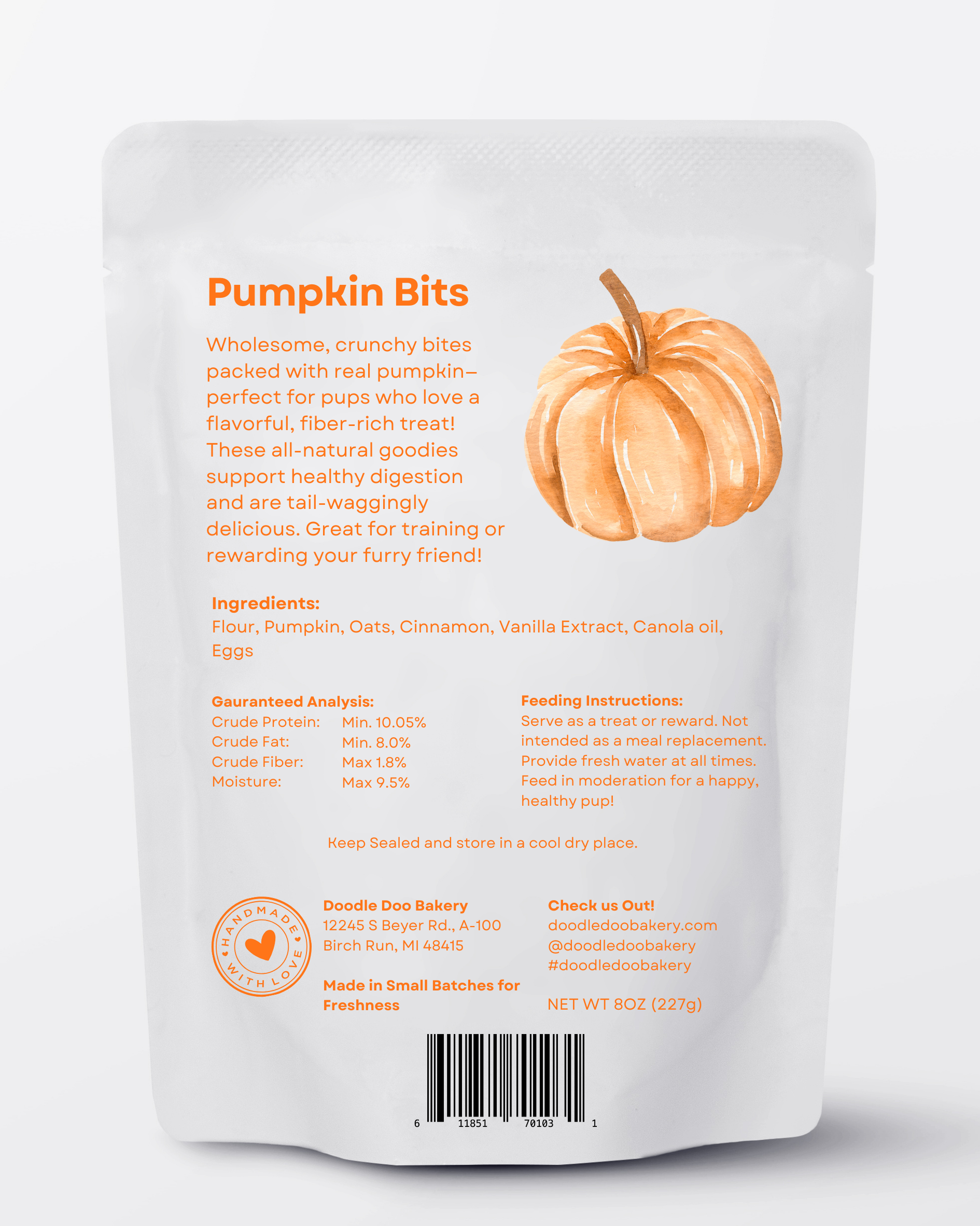 Homemade Dog Treats - Pumpkin Bits Dog Biscuits 1/2lb
