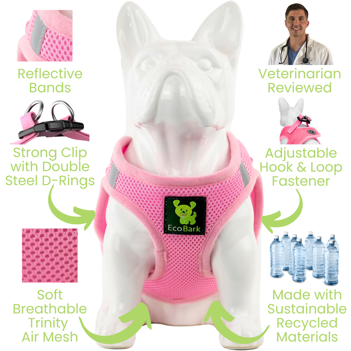 EcoBark – Baby Pink Reflective Step-In Dog Harness