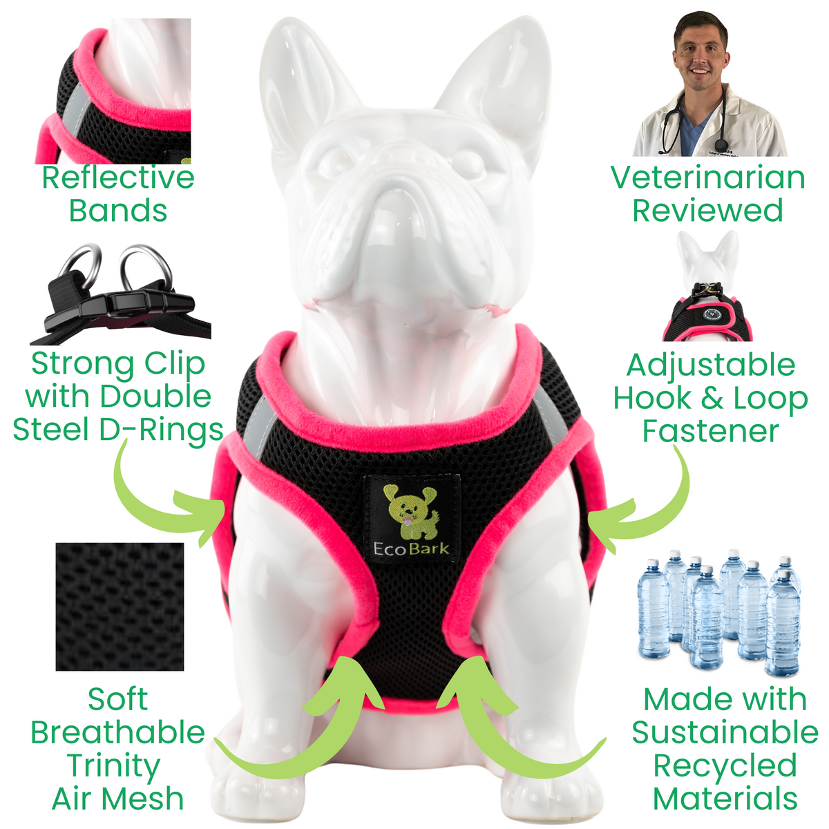 EcoBark Step In Dog Harness - Teacup & Small Breeds- Reflective Soft Mesh Harness for Teacup, Small Dogs and Puppies / Black w/ Pink Piping