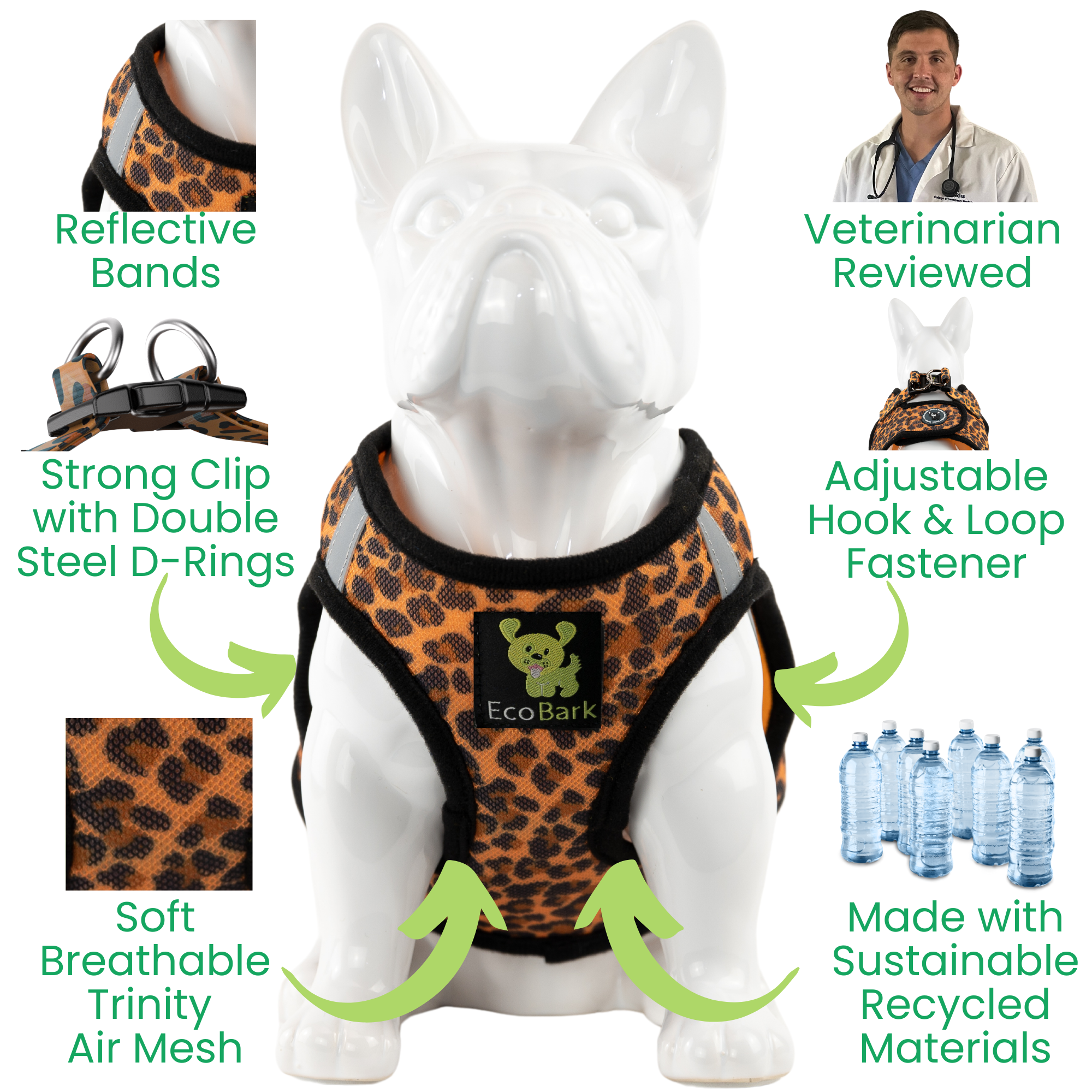 EcoBark Step In Dog Harness - Teacup & Small Breeds- Reflective Soft Mesh Harness for Teacup, Small Dogs and Puppies / Cheetah