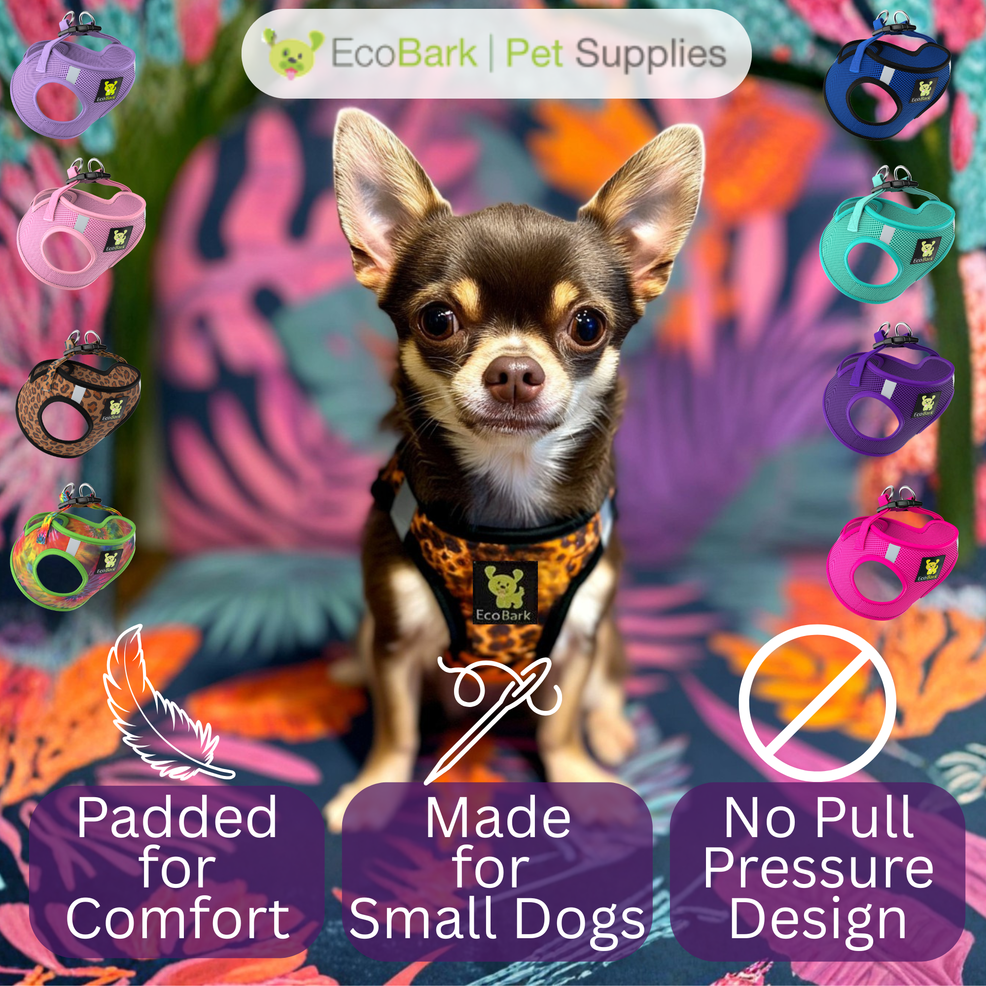 EcoBark Step In Dog Harness - Teacup & Small Breeds- Reflective Soft Mesh Harness for Teacup, Small Dogs and Puppies / Cheetah