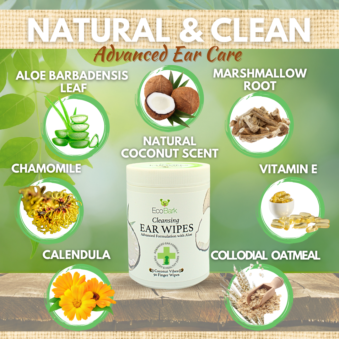 Natural Dog Ear Finger Wipes | EcoBark Coconut Cleansing Ear Wipes for dogs (50 Count)