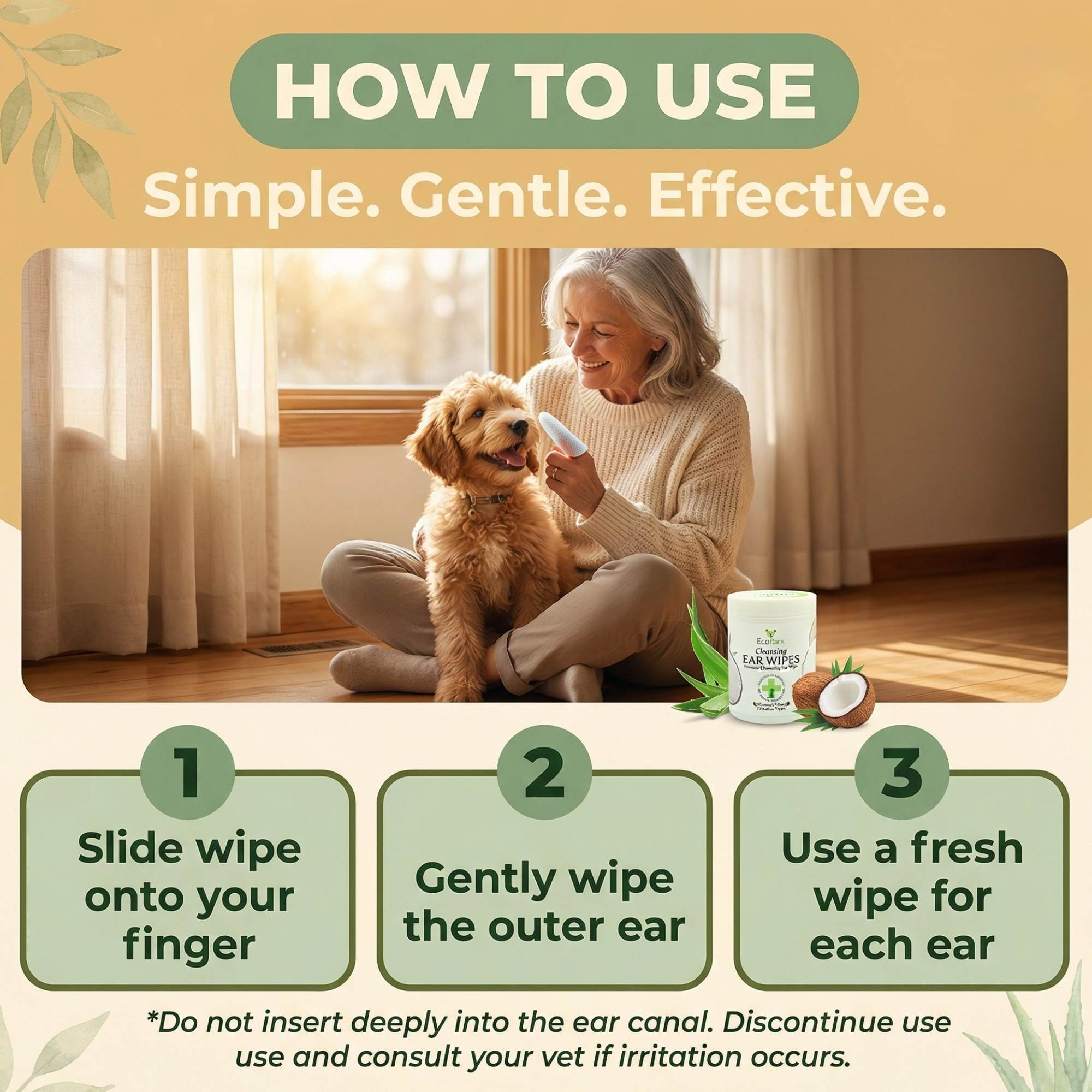 Natural Dog Ear Finger Wipes | EcoBark Coconut Cleansing Ear Wipes for dogs (50 Count)