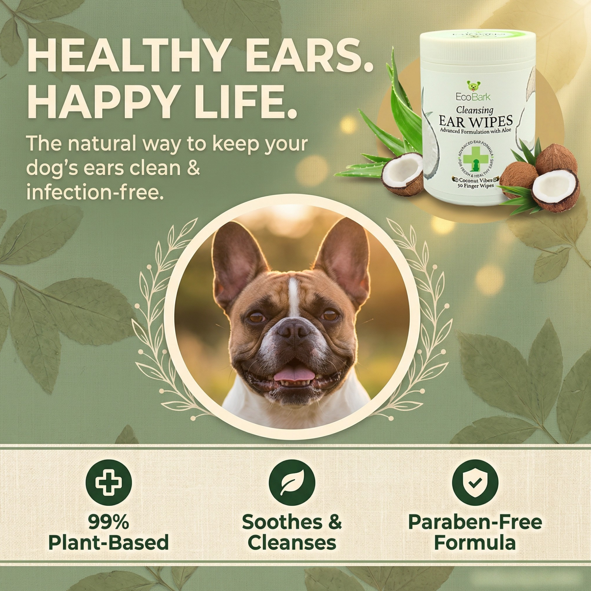 Natural Dog Ear Finger Wipes | EcoBark Coconut Cleansing Ear Wipes for dogs (50 Count)