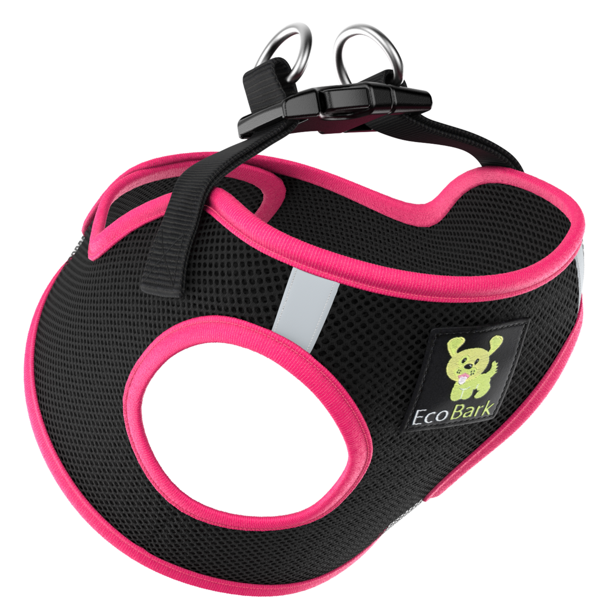 EcoBark Step In Dog Harness - Teacup & Small Breeds- Reflective Soft Mesh Harness for Teacup, Small Dogs and Puppies / Black w/ Pink Piping