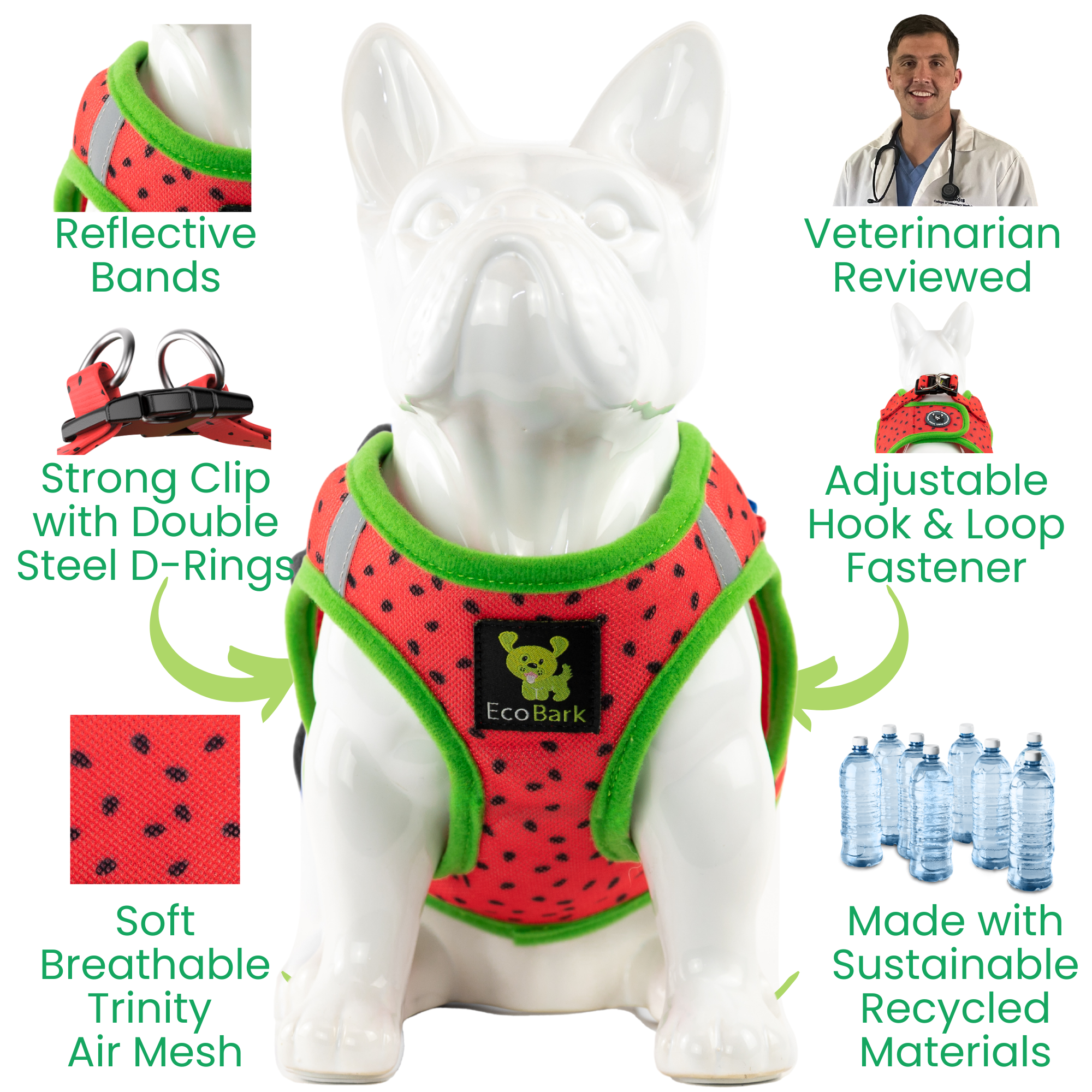 EcoBark Step In Dog Harness - Teacup & Small Breeds- Reflective Soft Mesh Harness for Teacup, Small Dogs and Puppies / Watermelon