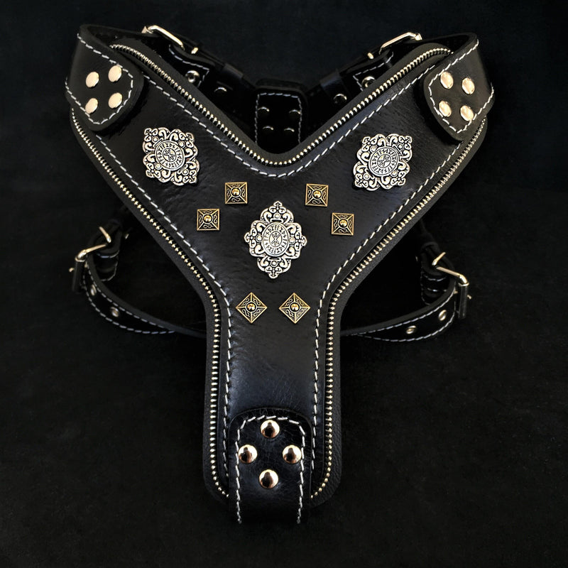 Bestia Dog Gear Genuine Leather Dog Harness - Black/M 