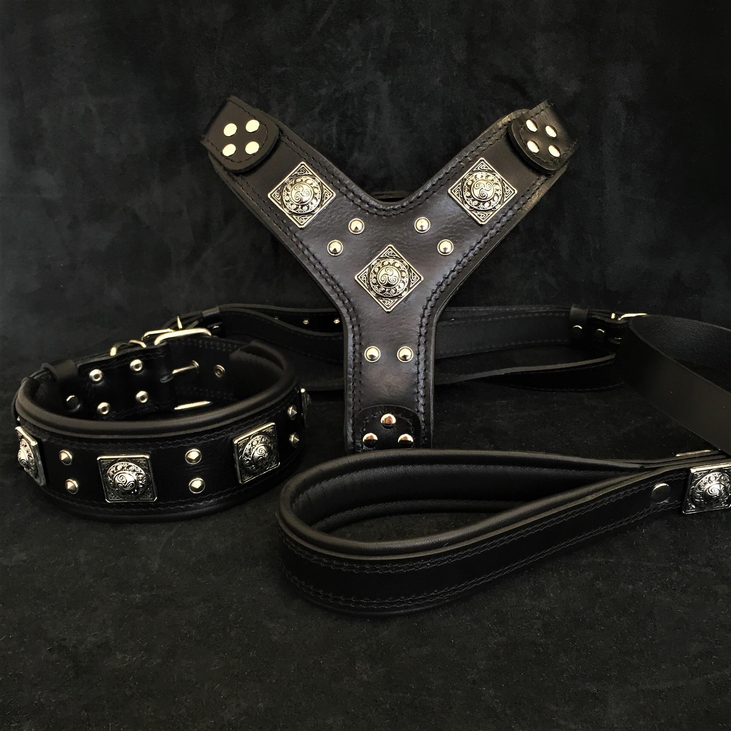 Bestia Dog Gear "EROS" BIG dog SET- Harness - collar - lead. All Black Genuine Leather Black pet supplies