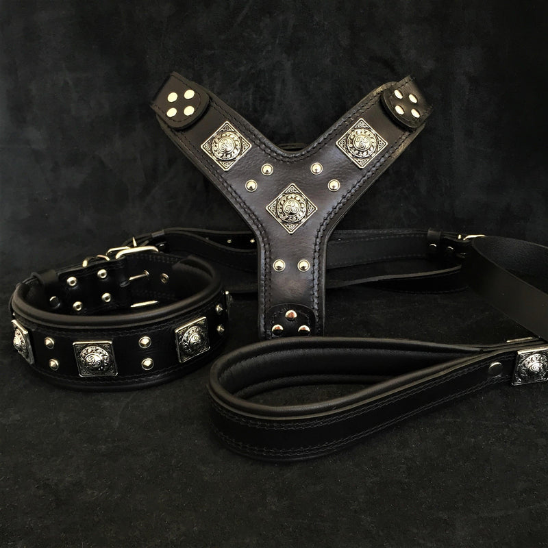 Bestia Dog Gear "EROS" BIG dog SET- Harness - collar - lead. All Black Genuine Leather Black pet supplies